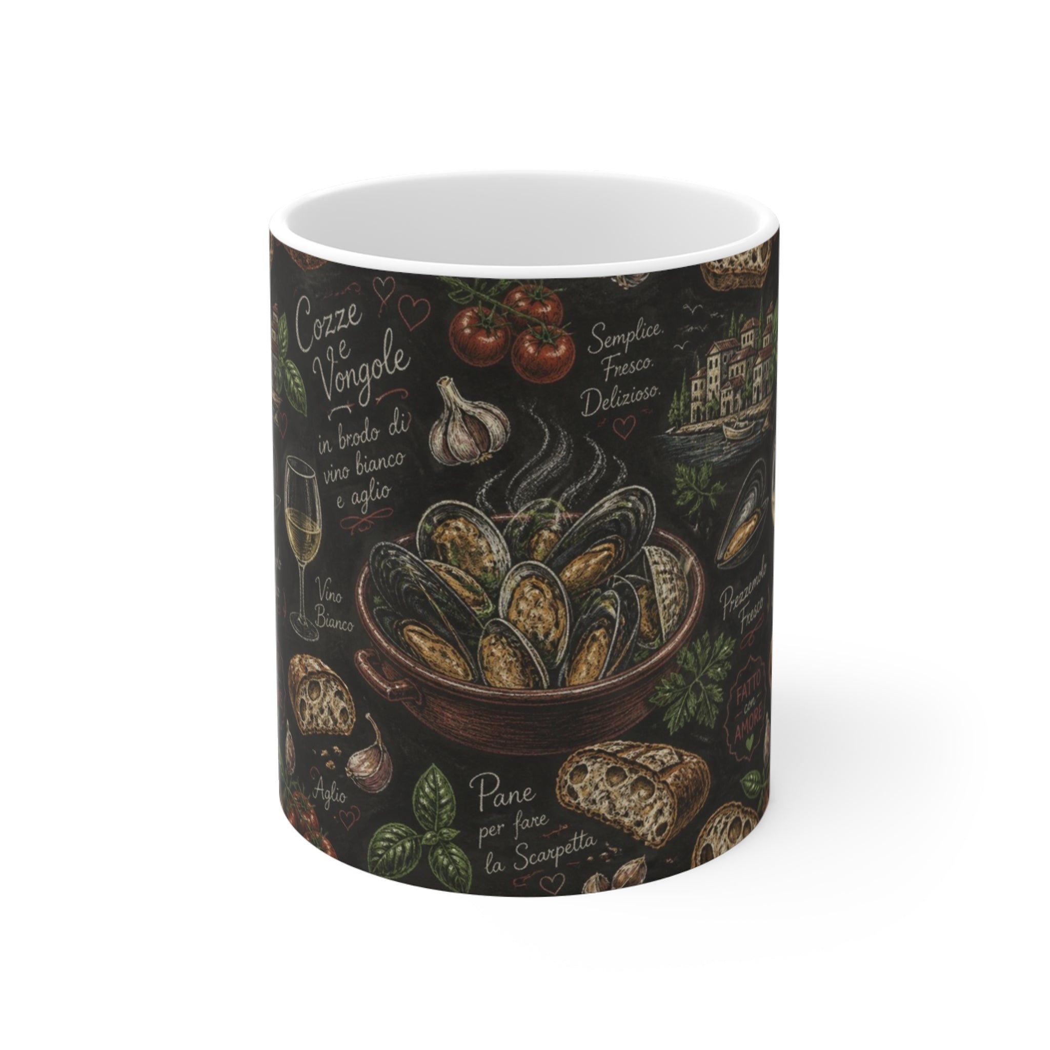 Mussels & Clams 11oz Ceramic Mug Mediterranean Kitchen Chalk Art Design Italian Cottagecore Gift