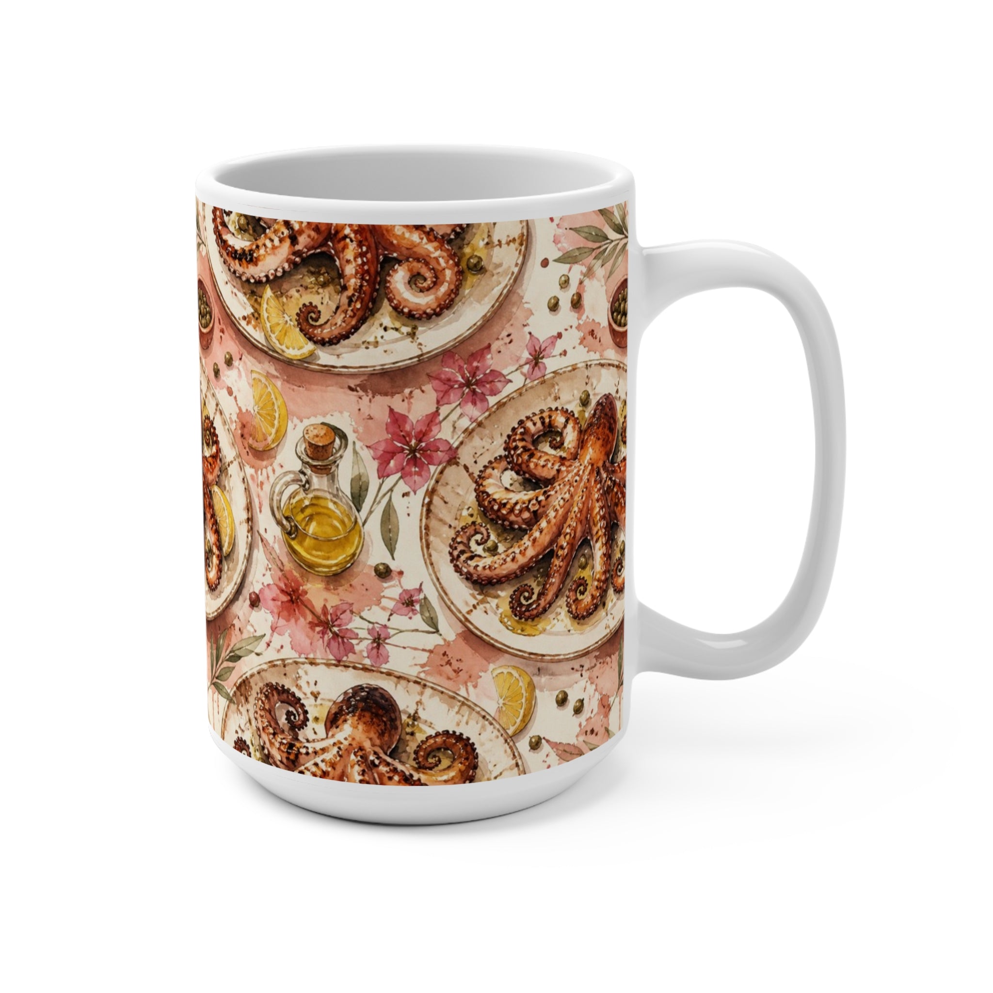 Grilled Octopus 15oz Ceramic Mug Mediterranean Kitchen Watercolor Splash Design Italian Cottagecore Gift
