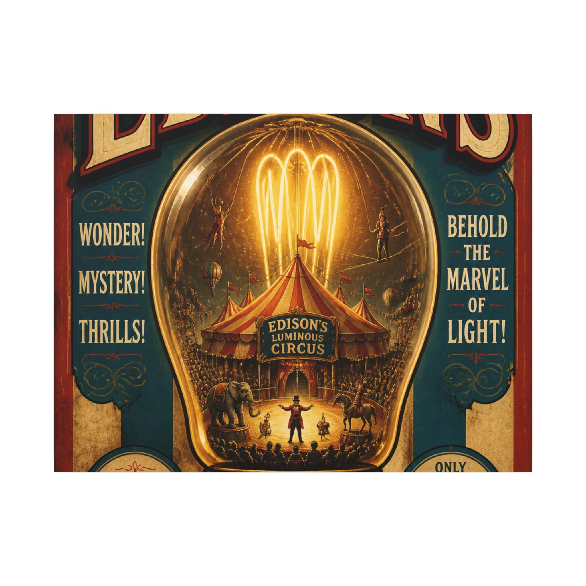 Light Bulb Circus Wall Art Canvas 24×36 Vintage Circus Bedroom Decor Maximalist Print