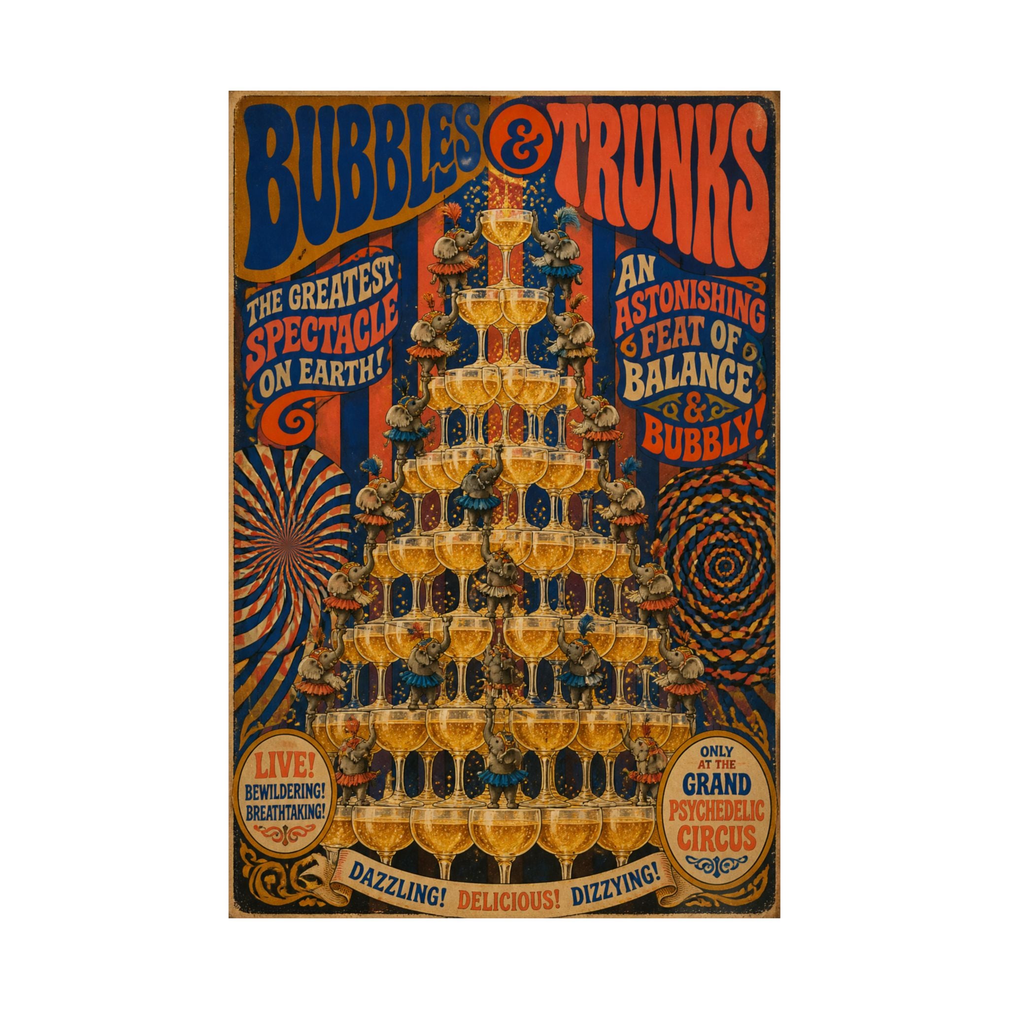 Champagne Tower Elephants Wall Art Poster 18×24 Psychedelic Cafe Decor Maximalist Print