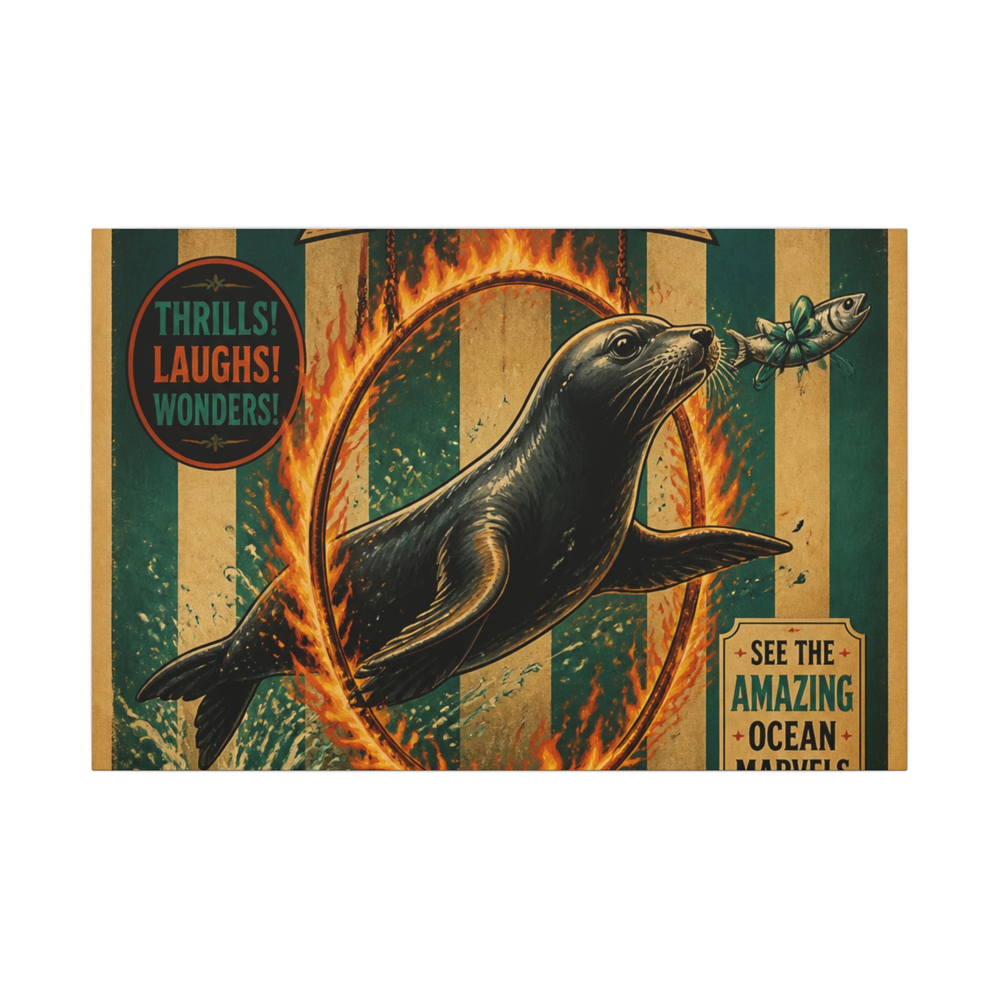 Seal Fire Hoop Wall Art Canvas 24×36 Vintage Circus Bedroom Decor Maximalist Print