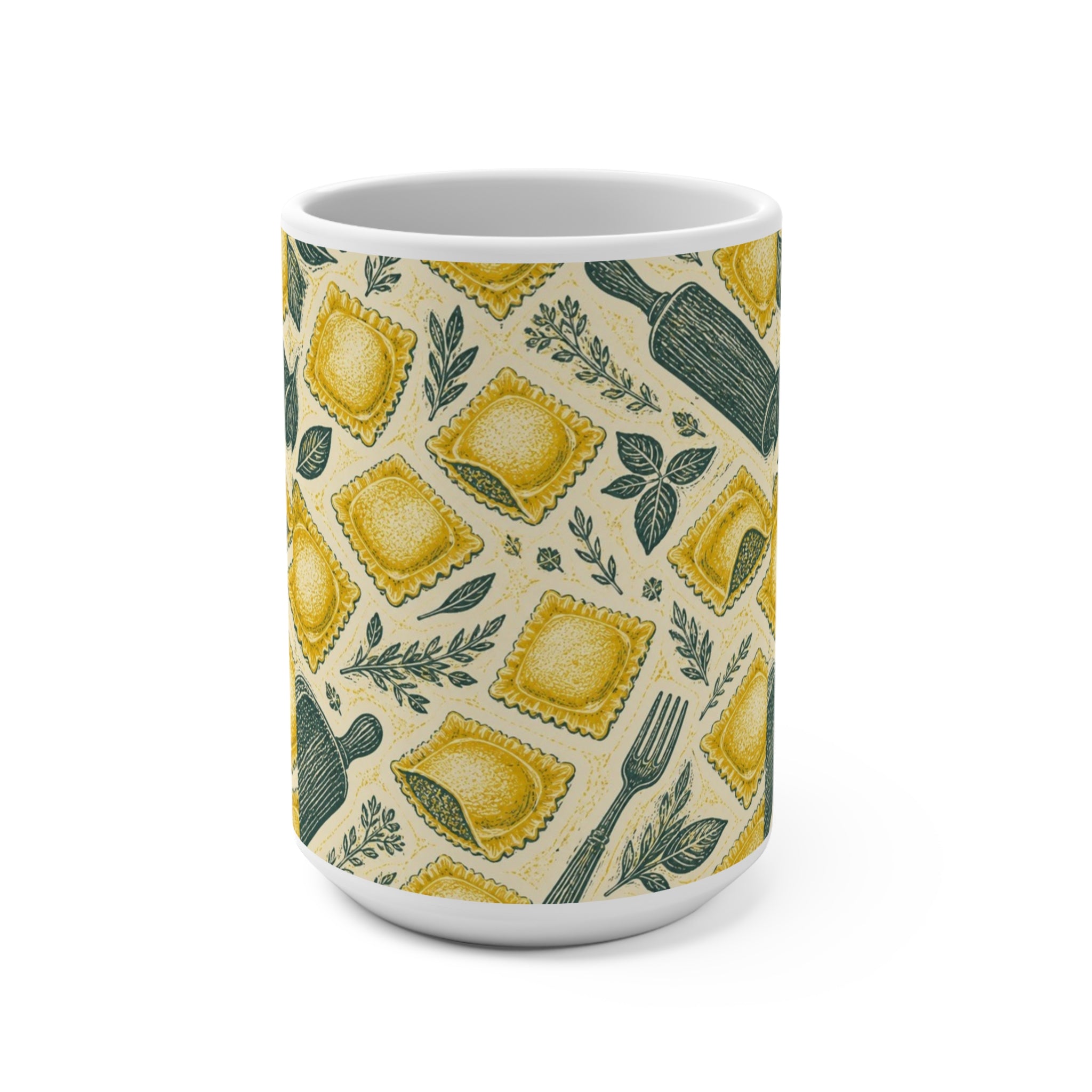 Fresh Ravioli 15oz Ceramic Mug Mediterranean Kitchen Linocut Design Italian Cottagecore Gift