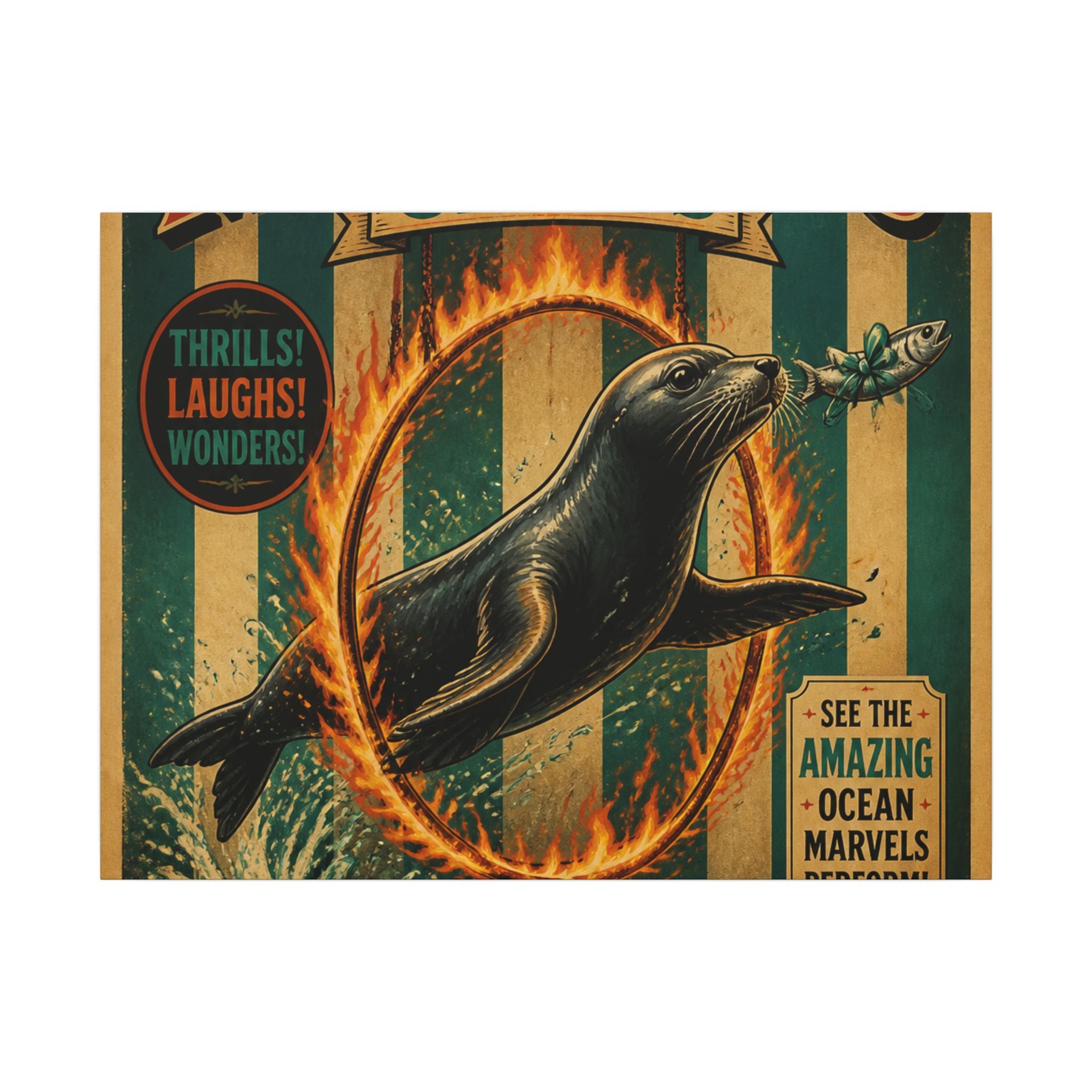 Seal Fire Hoop Wall Art Canvas 24×36 Vintage Circus Bedroom Decor Maximalist Print