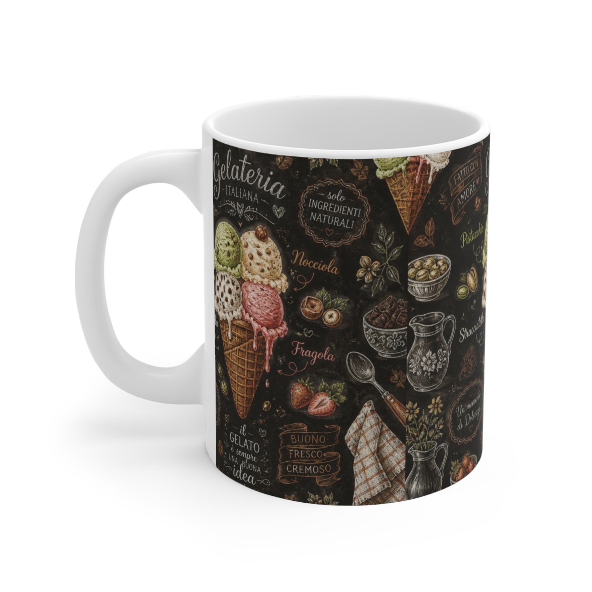 Gelato Scoops 11oz Ceramic Mug Mediterranean Kitchen Chalk Art Design Italian Cottagecore Gift