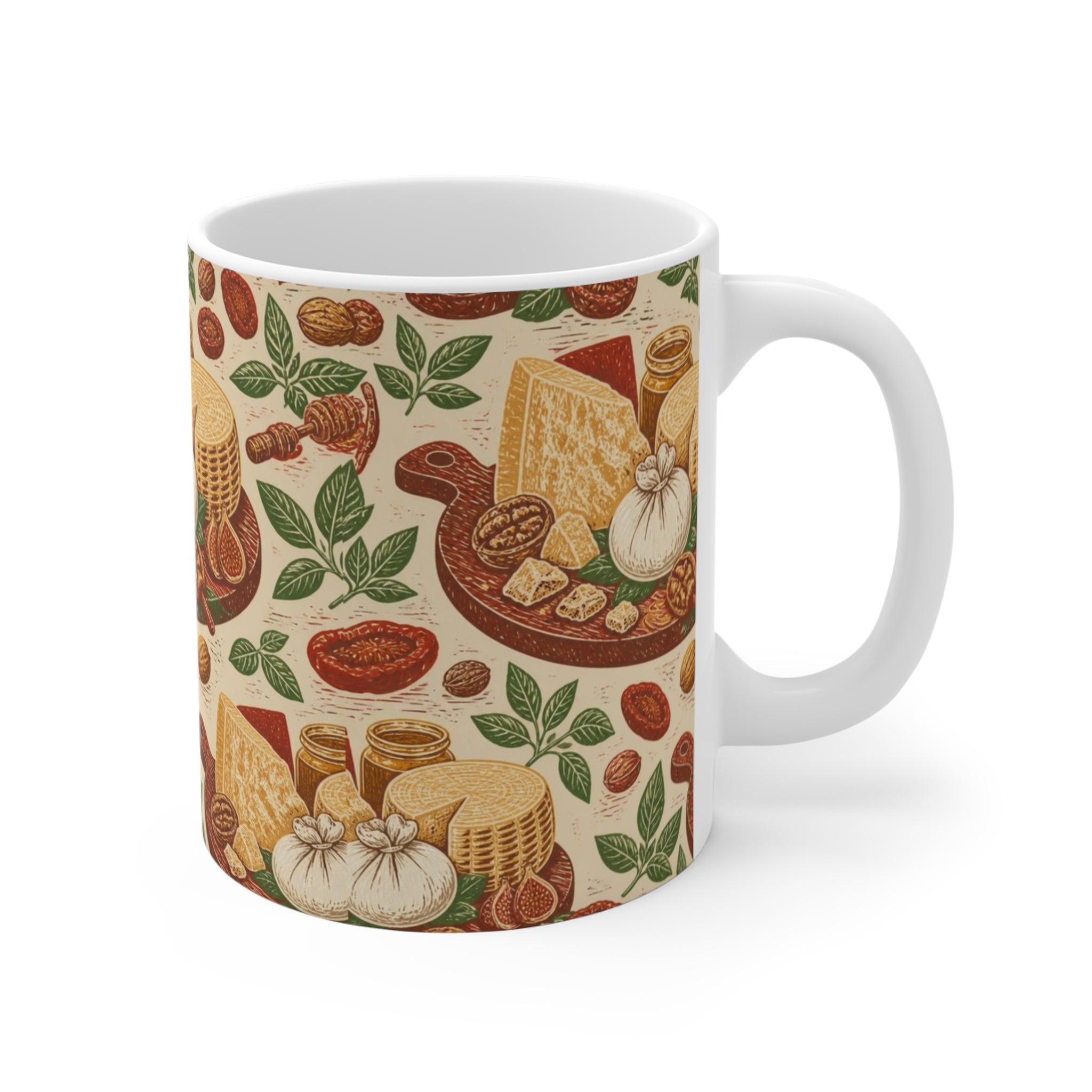 Italian Cheese Board 11oz Ceramic Mug Mediterranean Kitchen Linocut Design Italian Cottagecore Gift