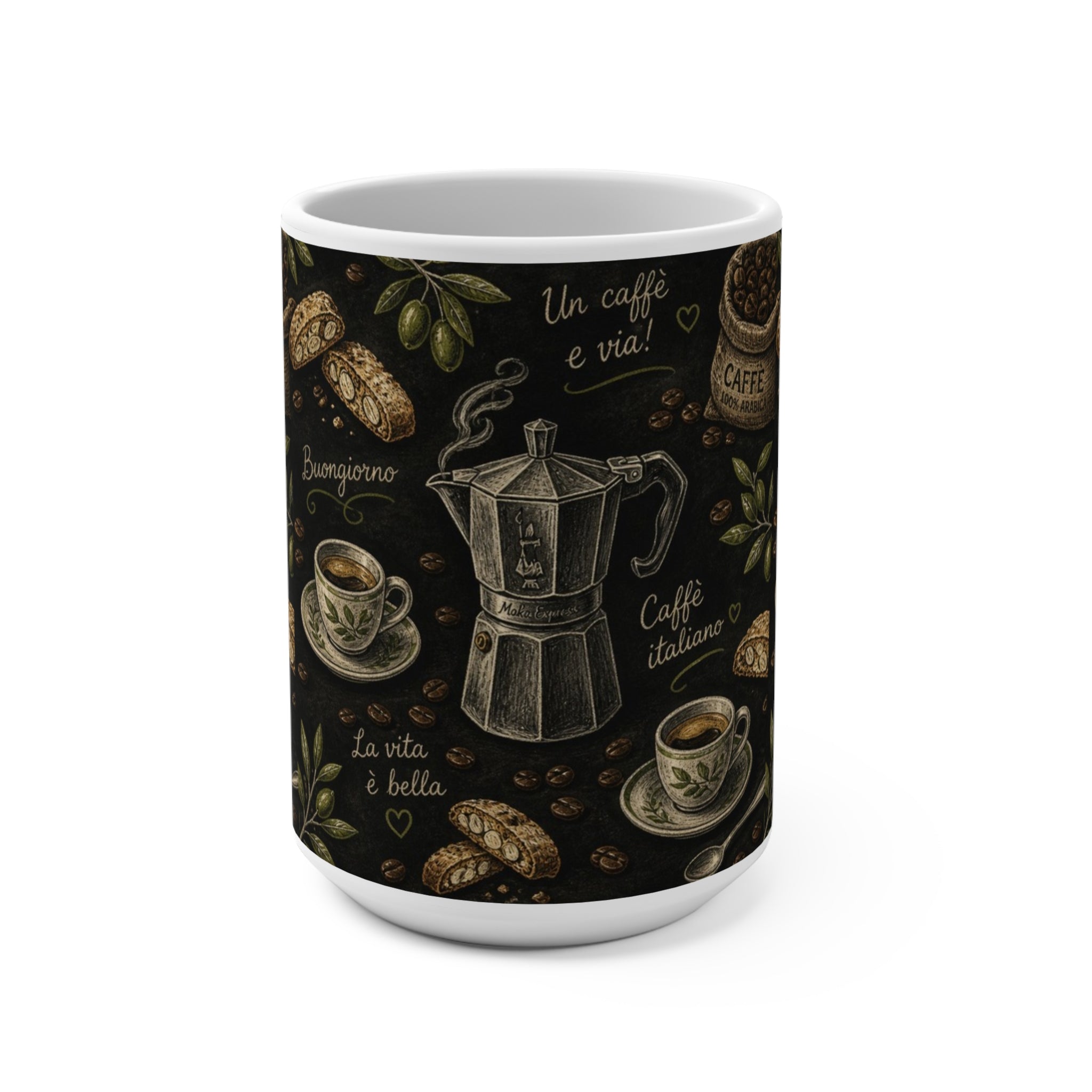 Espresso Moka Pot 15oz Ceramic Mug Mediterranean Kitchen Chalk Art Design Italian Cottagecore Gift