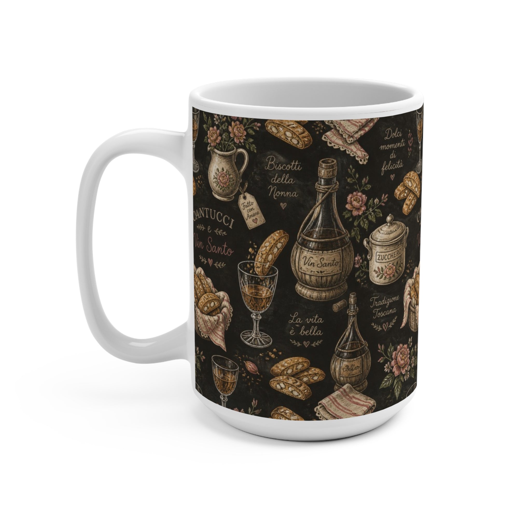 Biscotti & Vin Santo 15oz Ceramic Mug Mediterranean Kitchen Chalk Art Design Italian Cottagecore Gift
