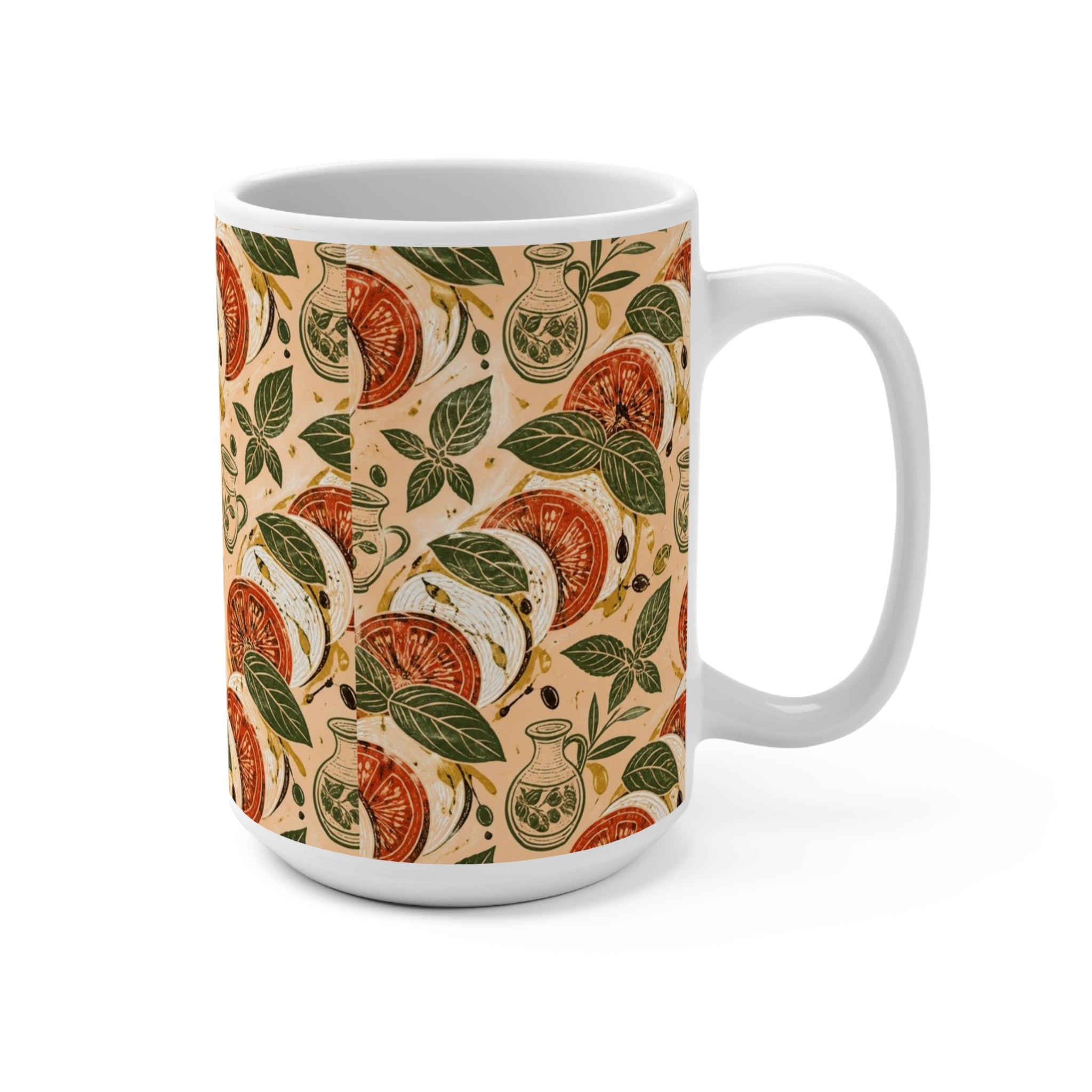 Caprese Arrangement 15oz Ceramic Mug Mediterranean Kitchen Linocut Design Italian Cottagecore Gift