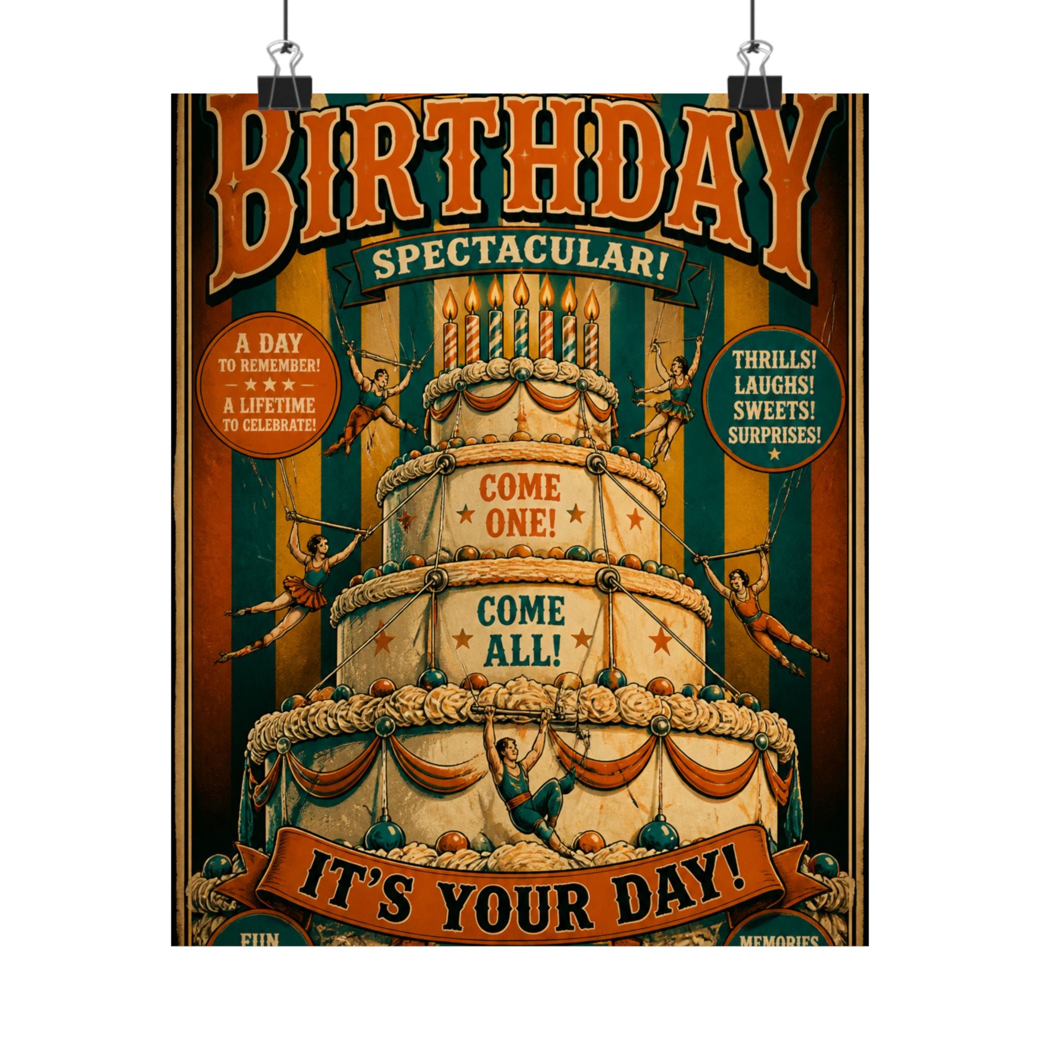 Birthday Cake Trapeze Wall Art Poster 24×36 Vintage Circus Bedroom Decor Maximalist Print