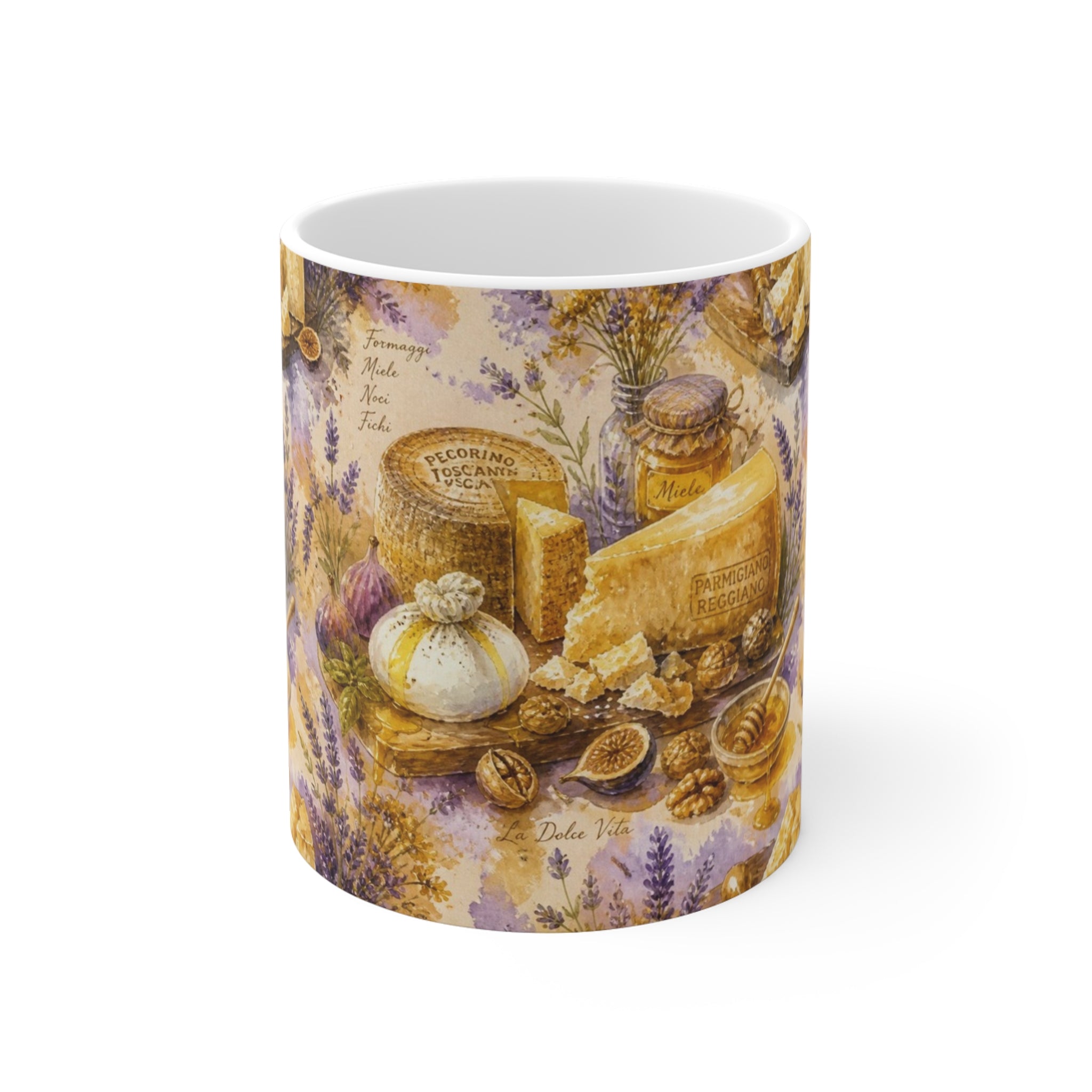 Italian Cheese Board 11oz Ceramic Mug Mediterranean Kitchen Watercolor Splash Design Italian Cottagecore Gift