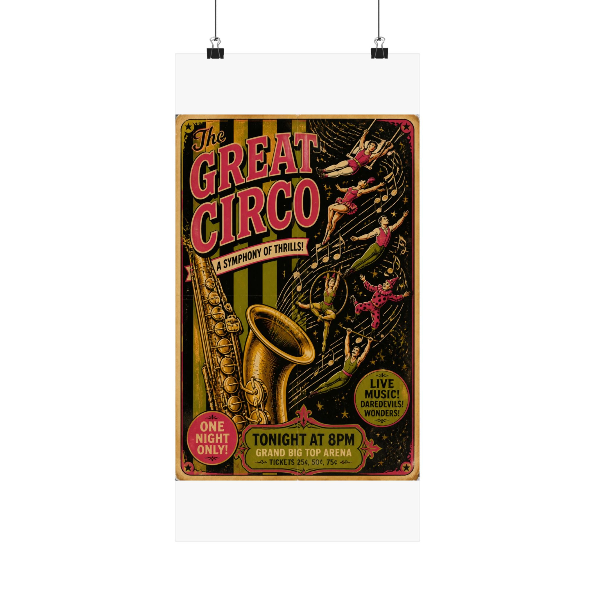 Saxophone Music Circus Wall Art Poster 24×36 Vintage Circus Bedroom Decor Maximalist Print