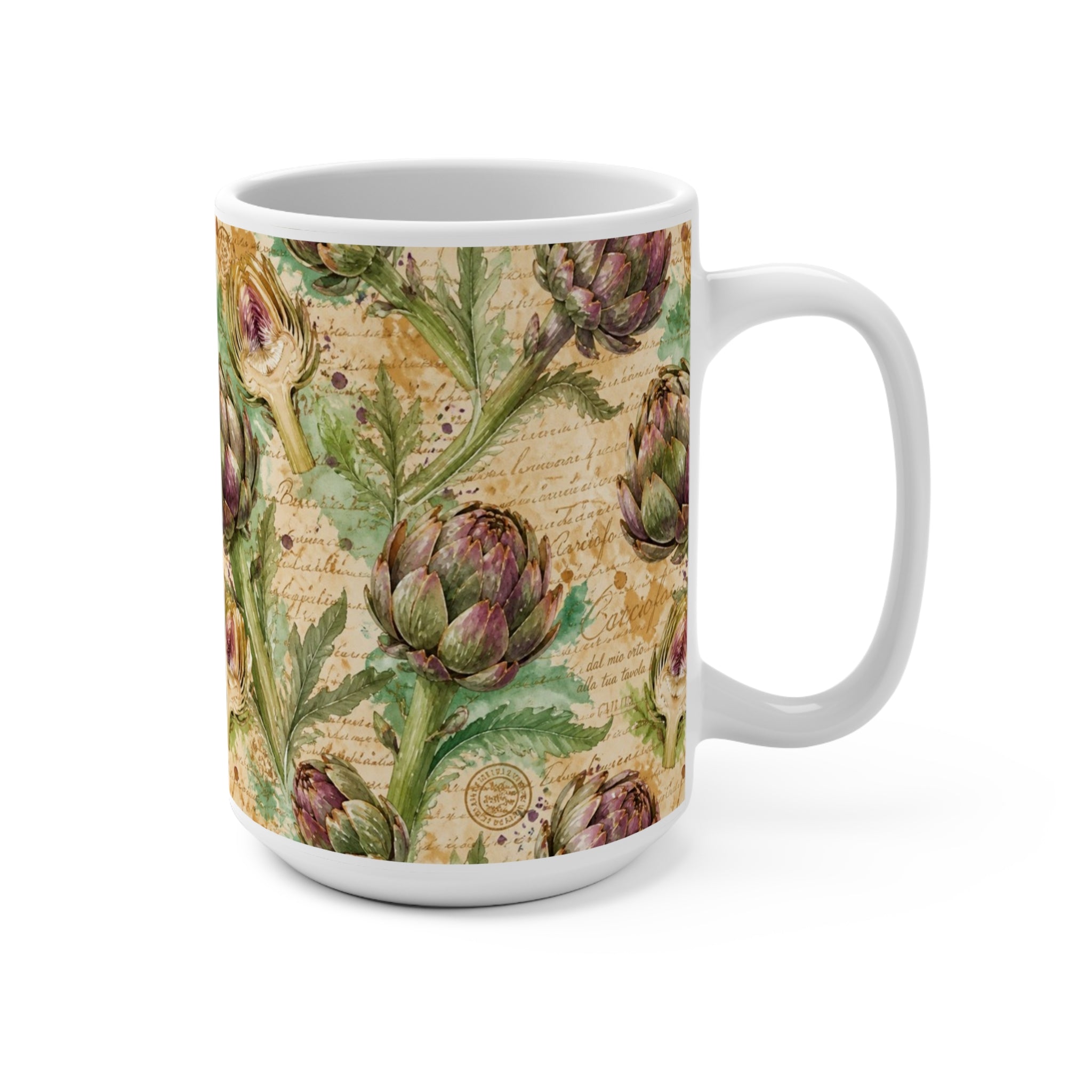 Globe Artichokes 15oz Ceramic Mug Mediterranean Kitchen Watercolor Splash Design Italian Cottagecore Gift