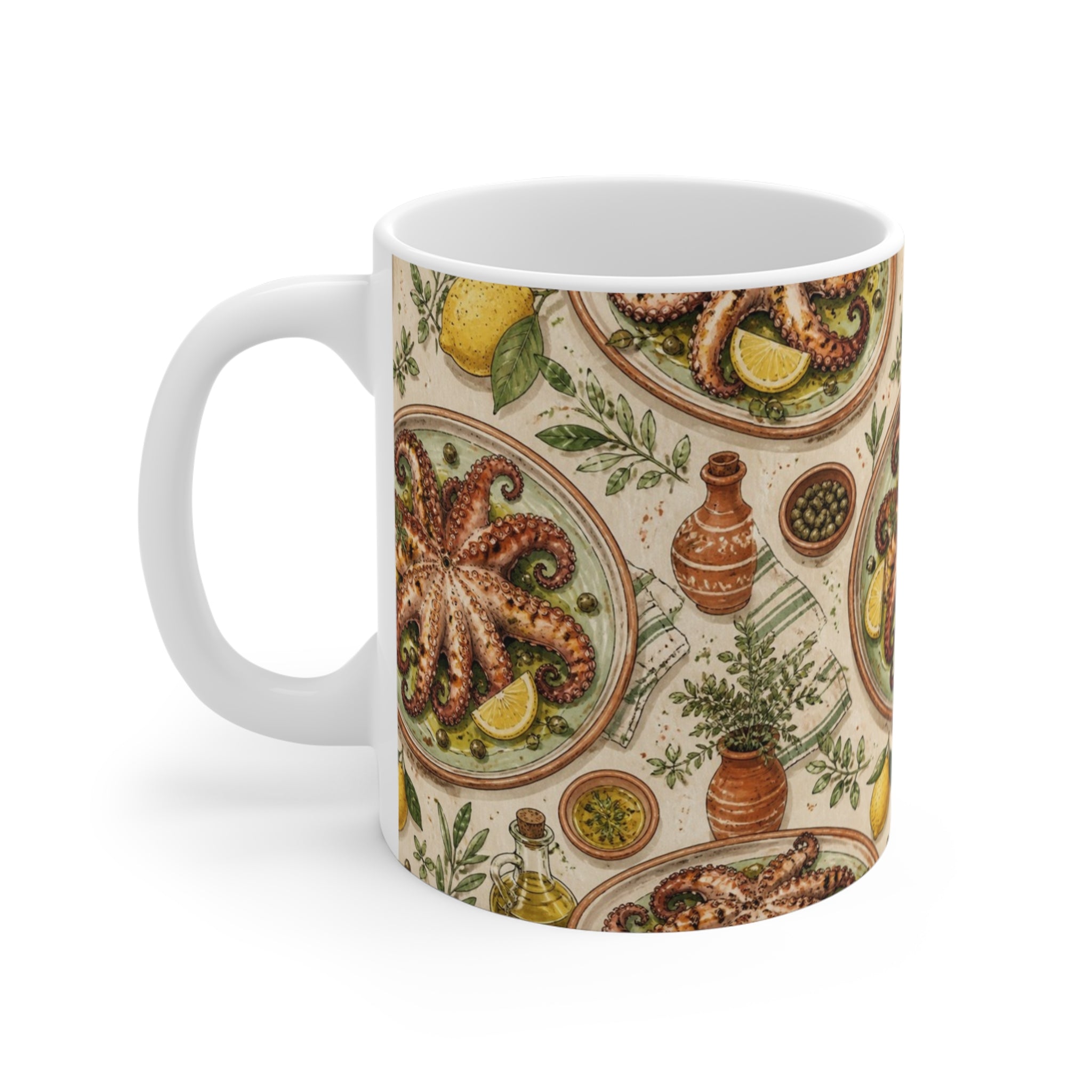 Grilled Octopus 11oz Ceramic Mug Mediterranean Kitchen Watercolor Design Italian Cottagecore Gift