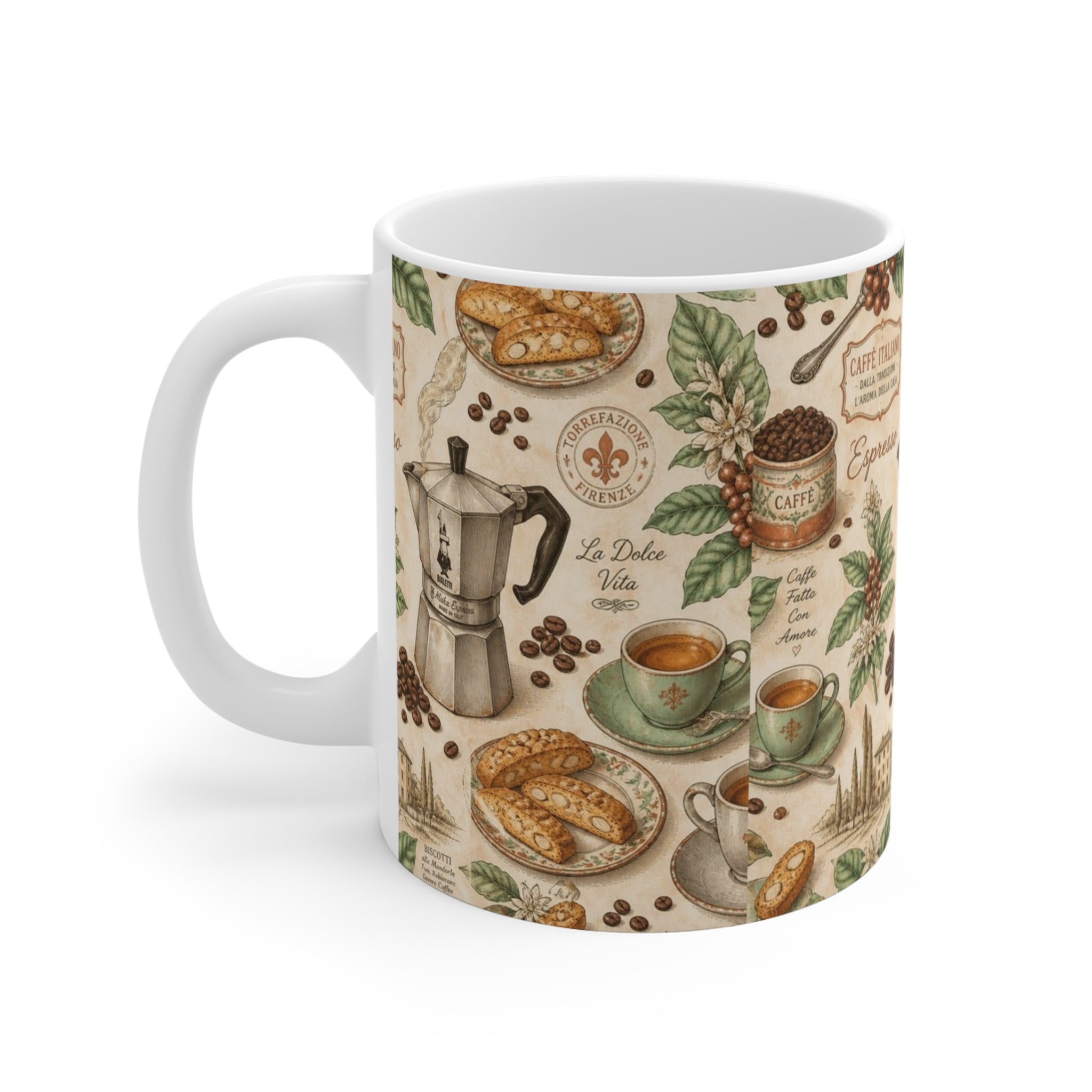 Espresso Moka Pot 11oz Ceramic Mug Mediterranean Kitchen Botanical Design Italian Cottagecore Gift