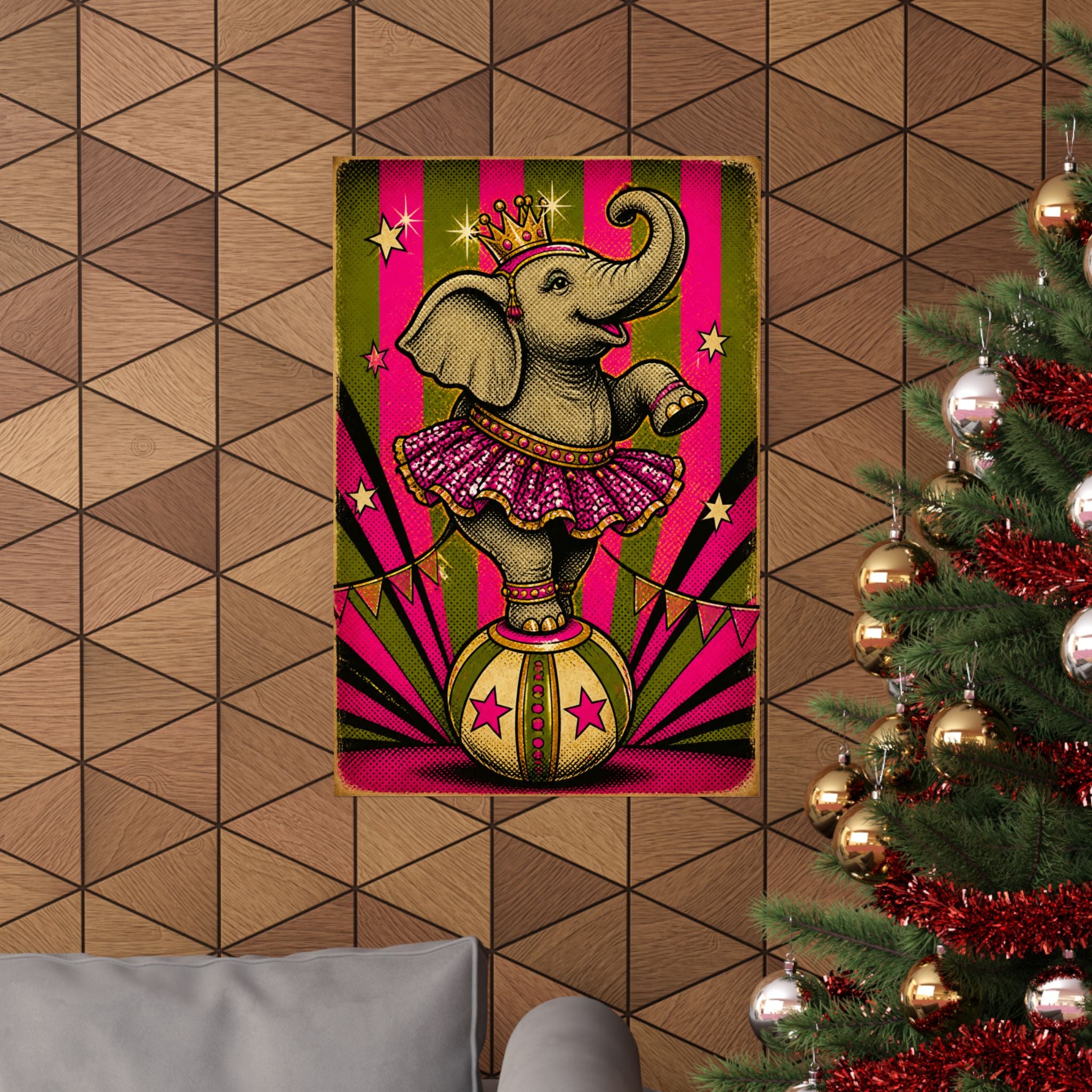 Elephant on Ball Wall Art Poster 24×36 Pop Art Restaurant Decor Maximalist Print