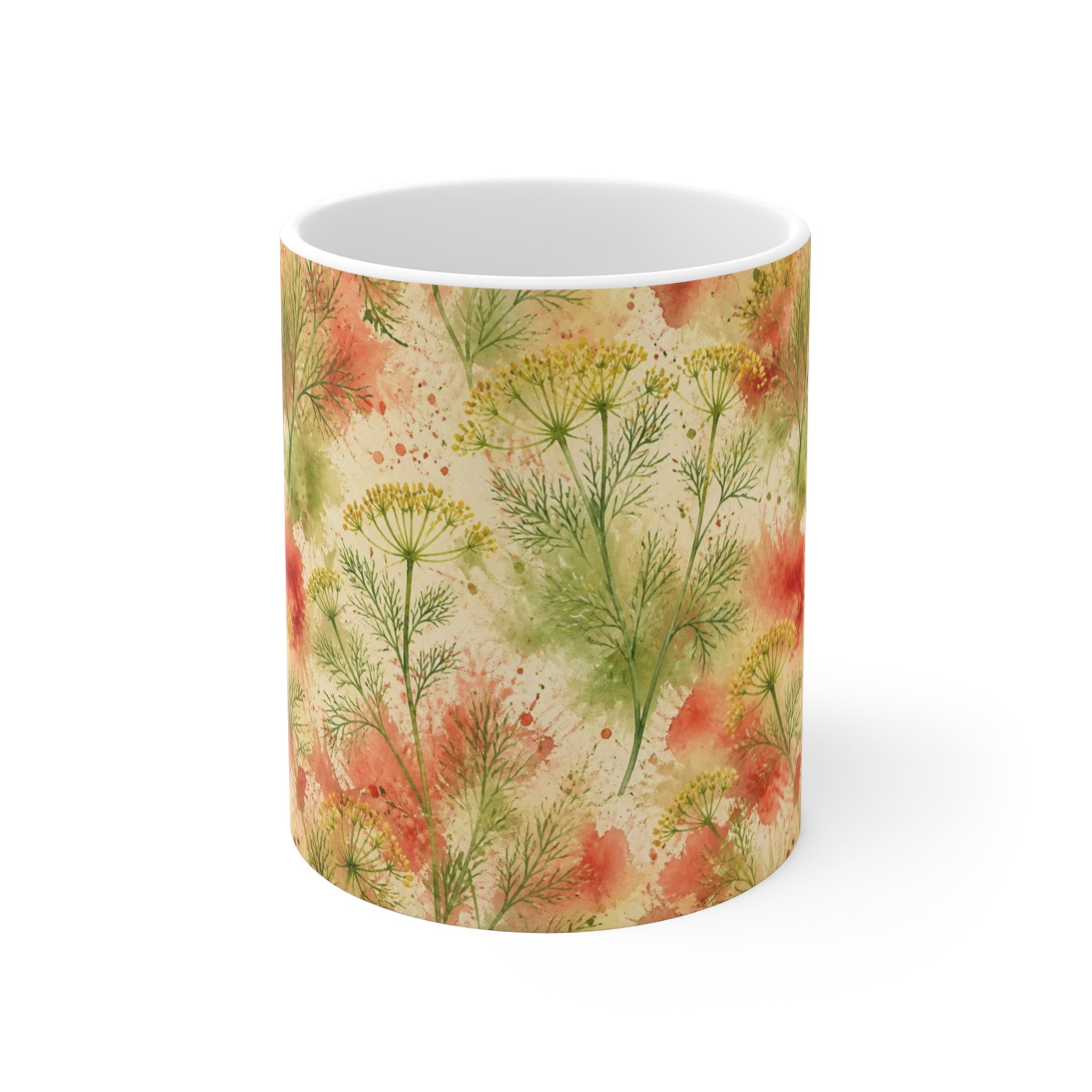 Dill Fronds 11oz Ceramic Mug Mediterranean Kitchen Watercolor Splash Design Italian Cottagecore Gift