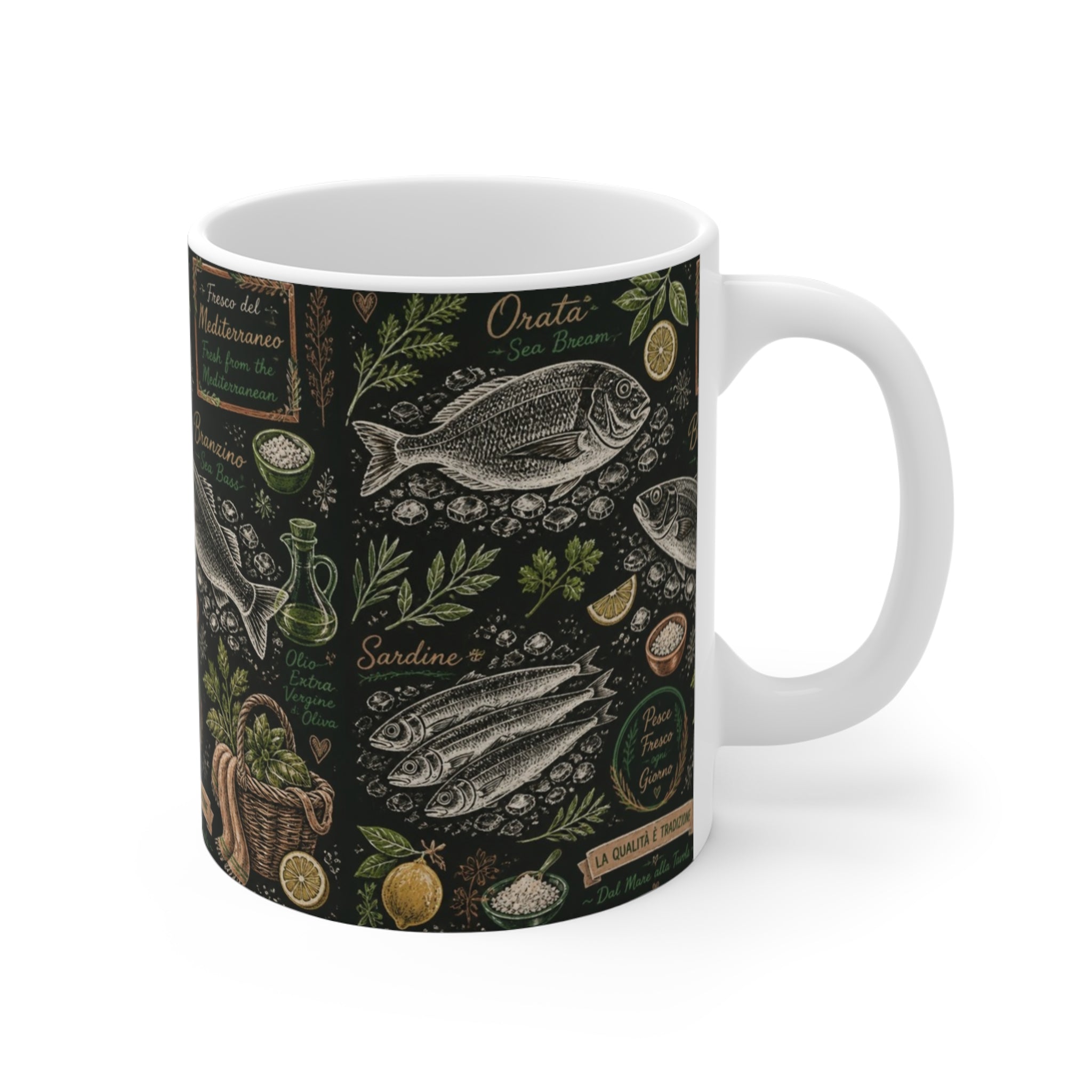 Mediterranean Fish 11oz Ceramic Mug Mediterranean Kitchen Chalk Art Design Italian Cottagecore Gift