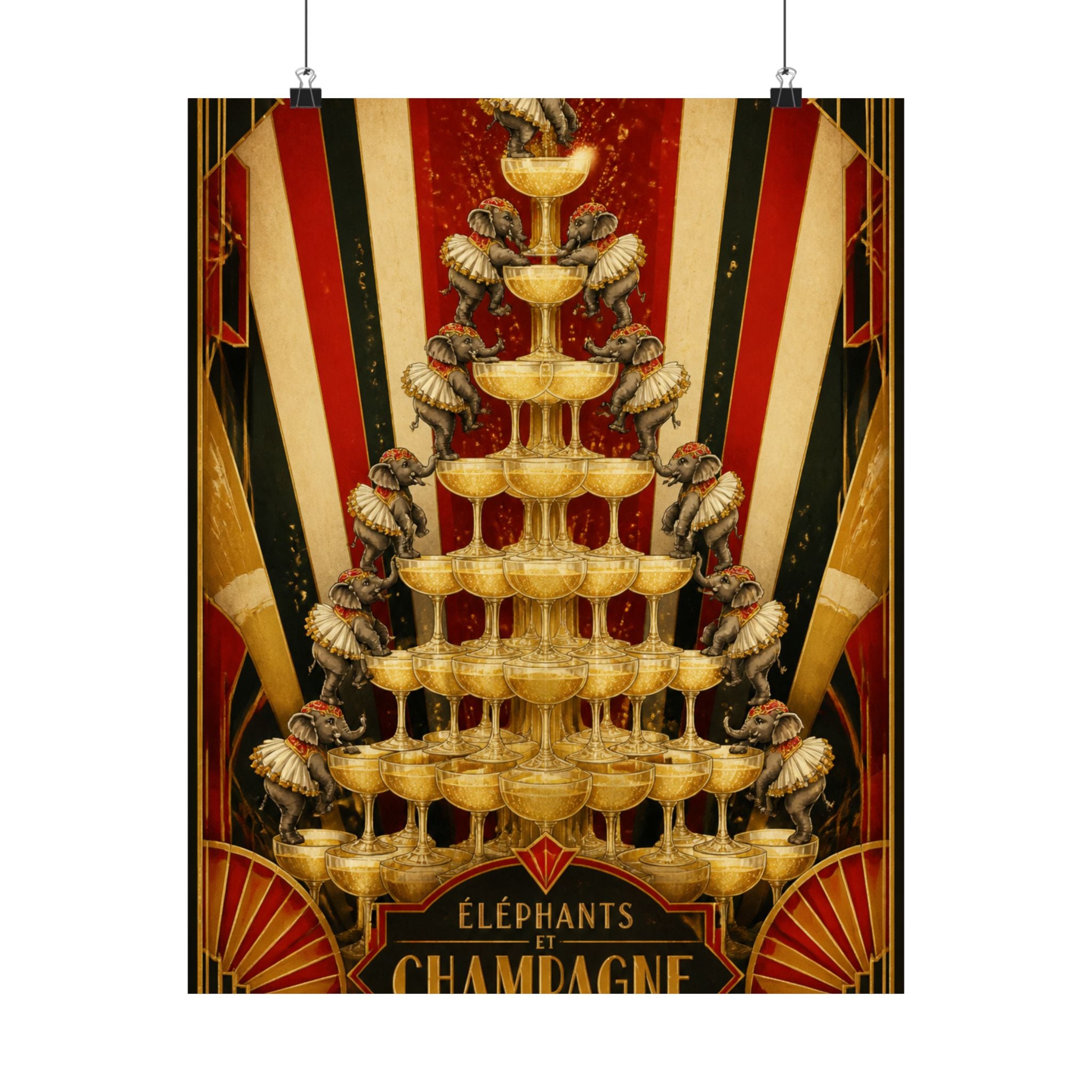Champagne Tower Elephants Wall Art Poster 24×36 Art Deco Bar Area Decor Maximalist Print