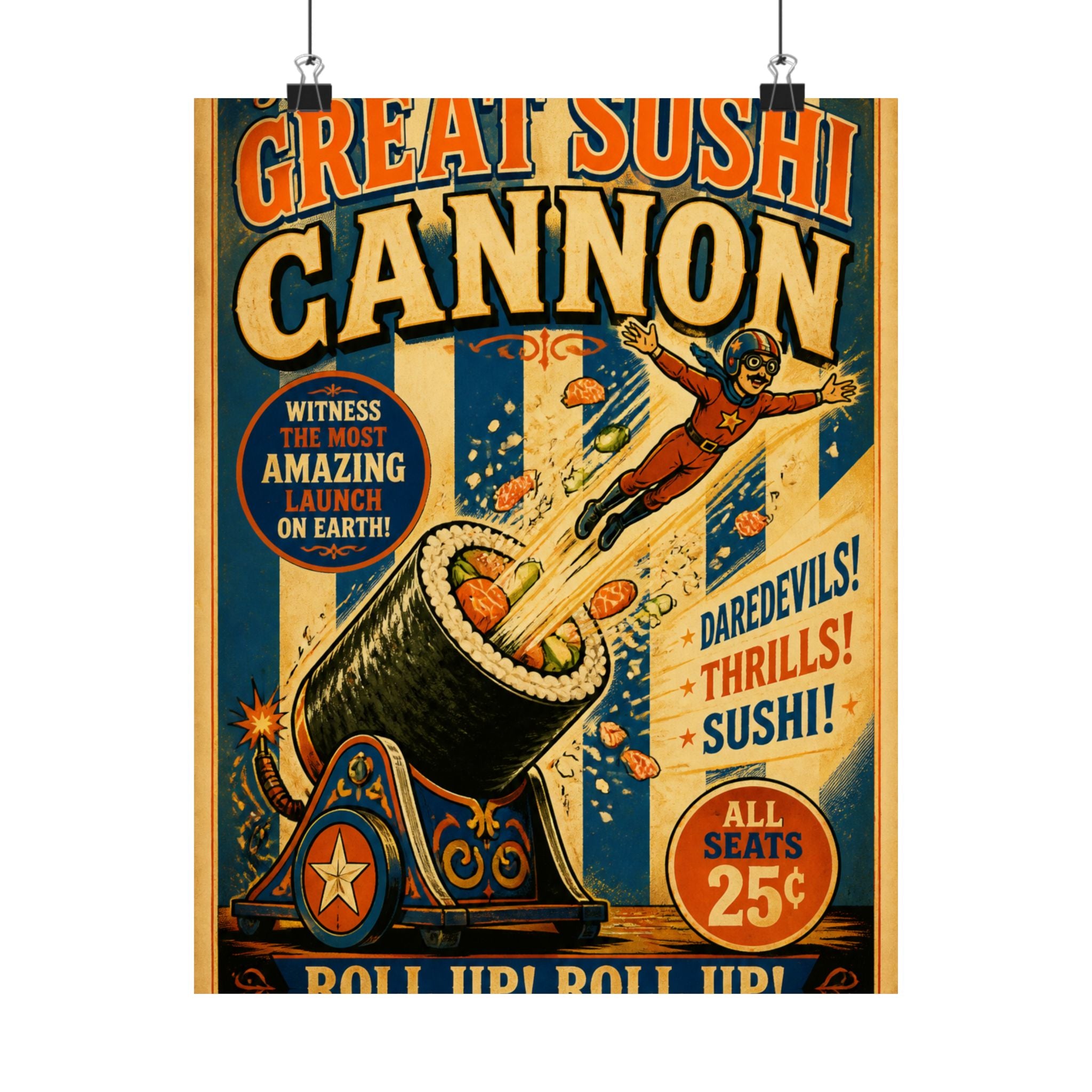 Sushi Roll Cannon Wall Art Poster 18×24 Vintage Circus Kitchen Decor Maximalist Print
