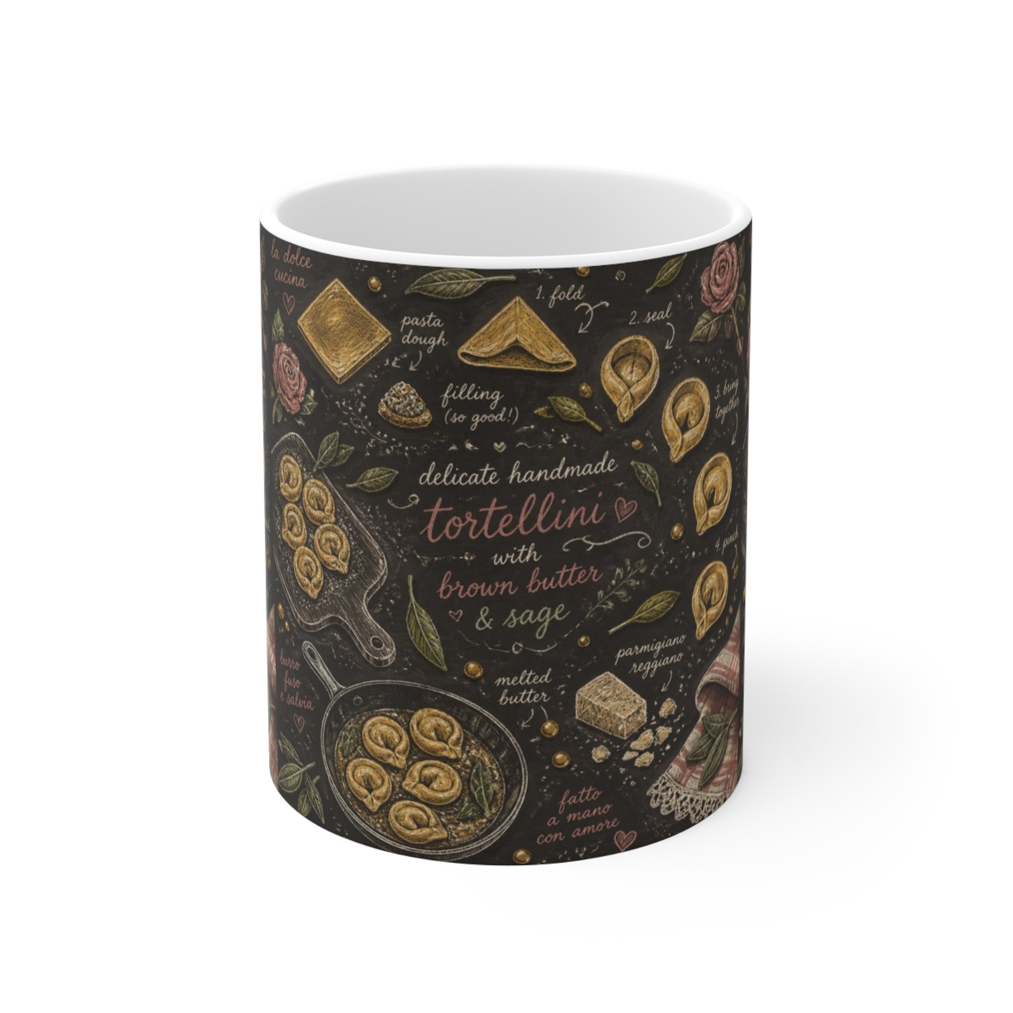 Tortellini with Sage 11oz Ceramic Mug Mediterranean Kitchen Chalk Art Design Italian Cottagecore Gift