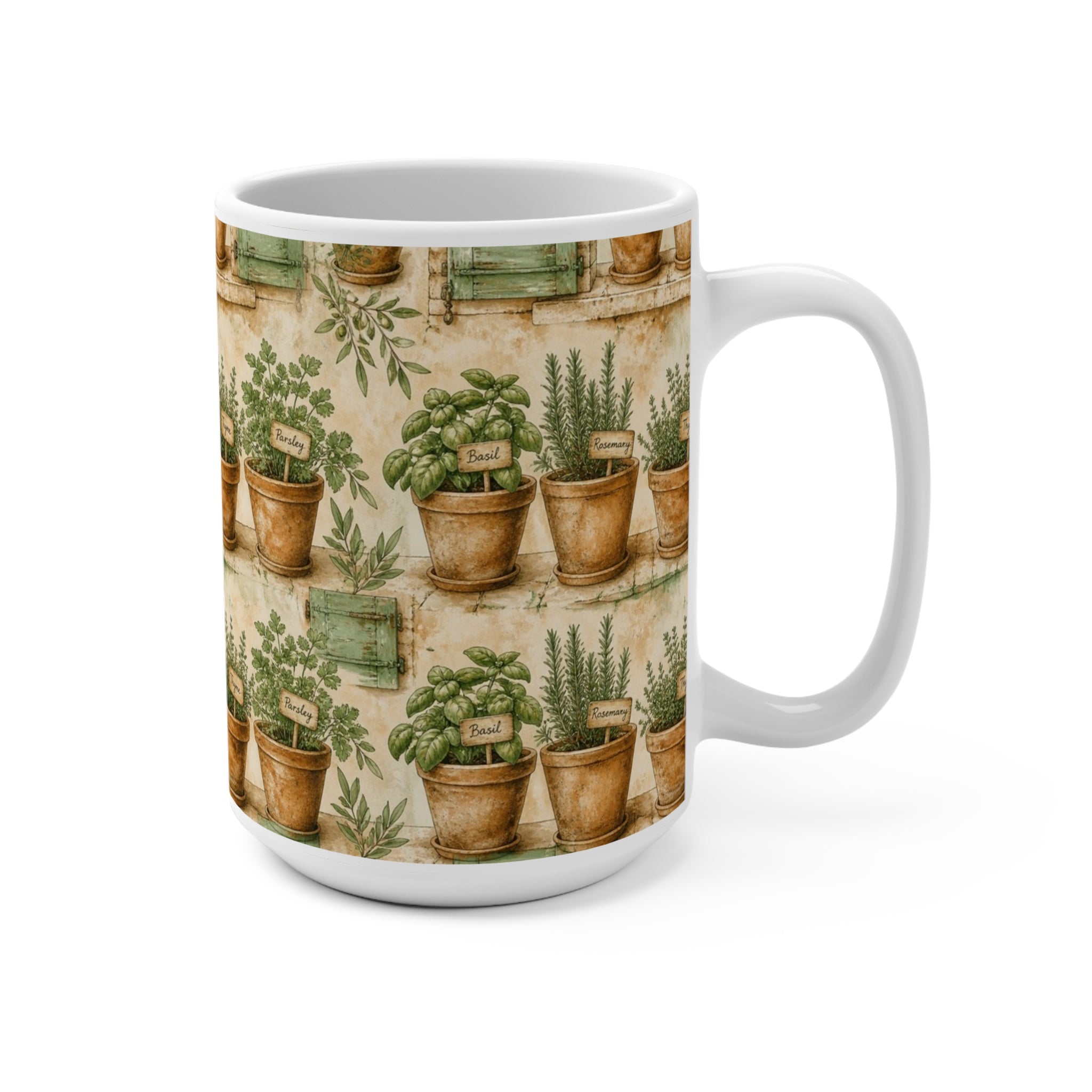 Terracotta Herb Pots 15oz Ceramic Mug Mediterranean Kitchen Watercolor Design Italian Cottagecore Gift
