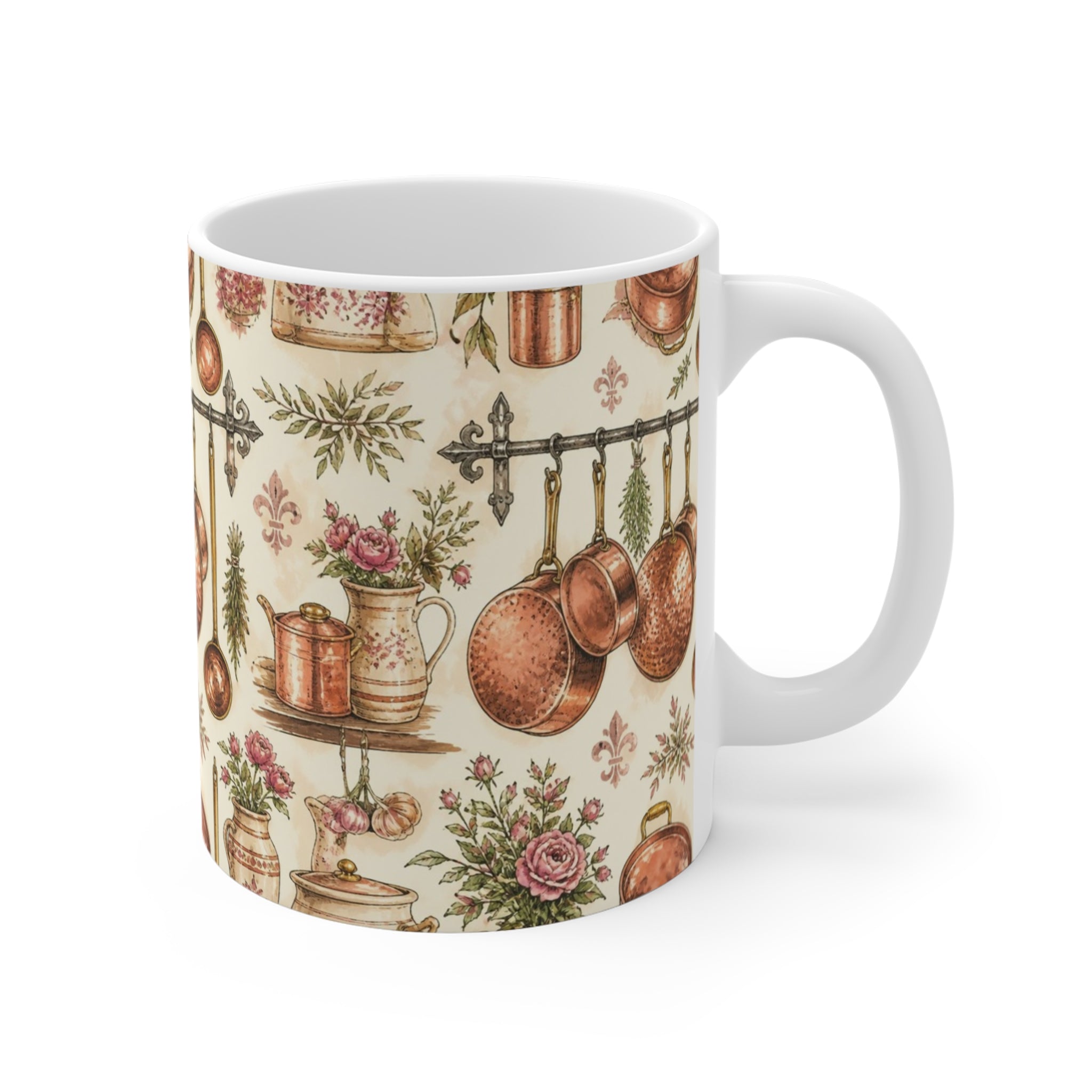 Copper Cookware 11oz Ceramic Mug Mediterranean Kitchen Watercolor Design Italian Cottagecore Gift