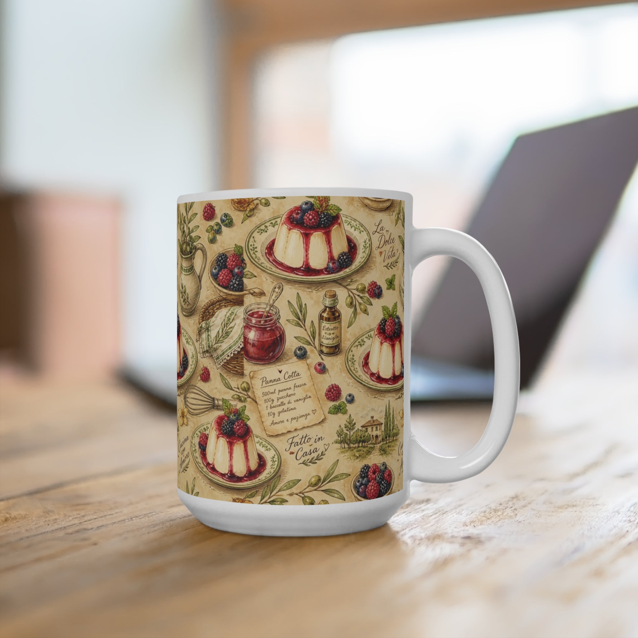 Panna Cotta 15oz Ceramic Mug Mediterranean Kitchen Watercolor Design Italian Cottagecore Gift
