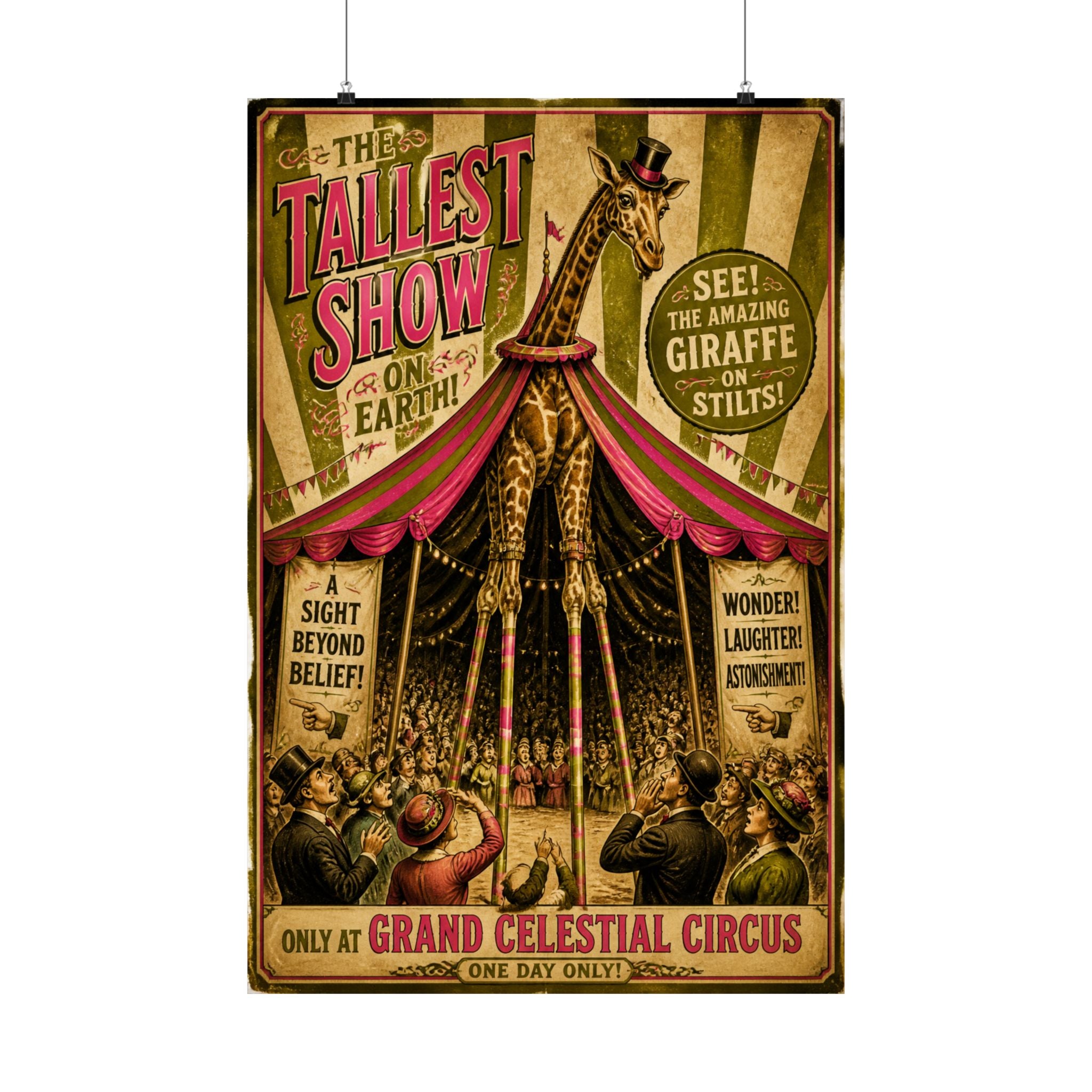 Giraffe on Stilts Wall Art Poster 24×36 Vintage Circus Bedroom Decor Maximalist Print
