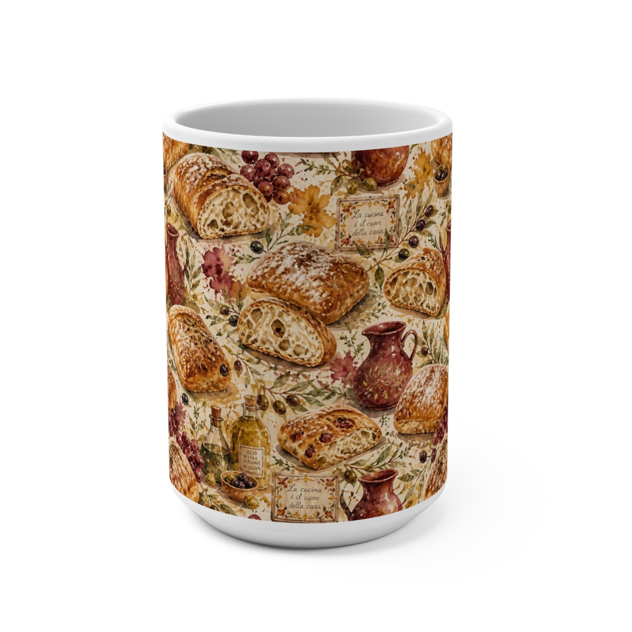 Ciabatta Rolls 15oz Ceramic Mug Mediterranean Kitchen Watercolor Splash Design Italian Cottagecore Gift