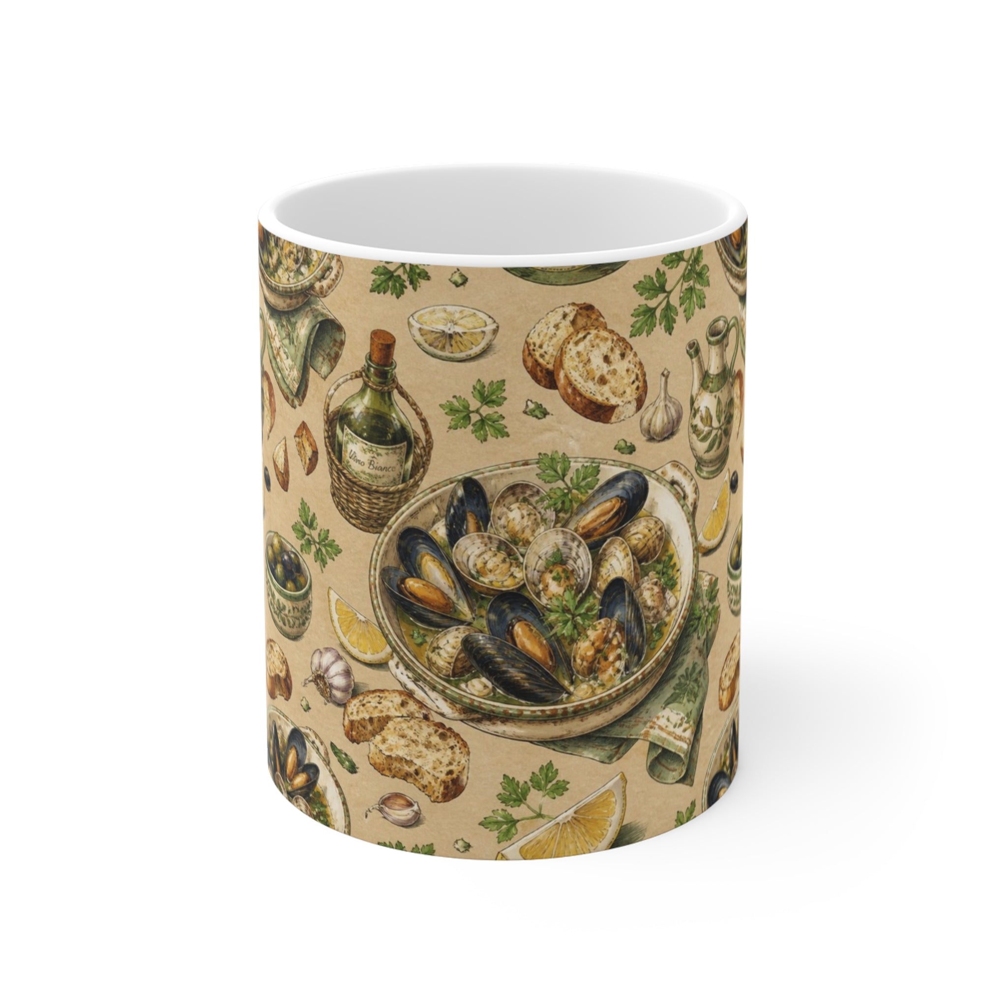 Mussels & Clams 11oz Ceramic Mug Mediterranean Kitchen Watercolor Design Italian Cottagecore Gift