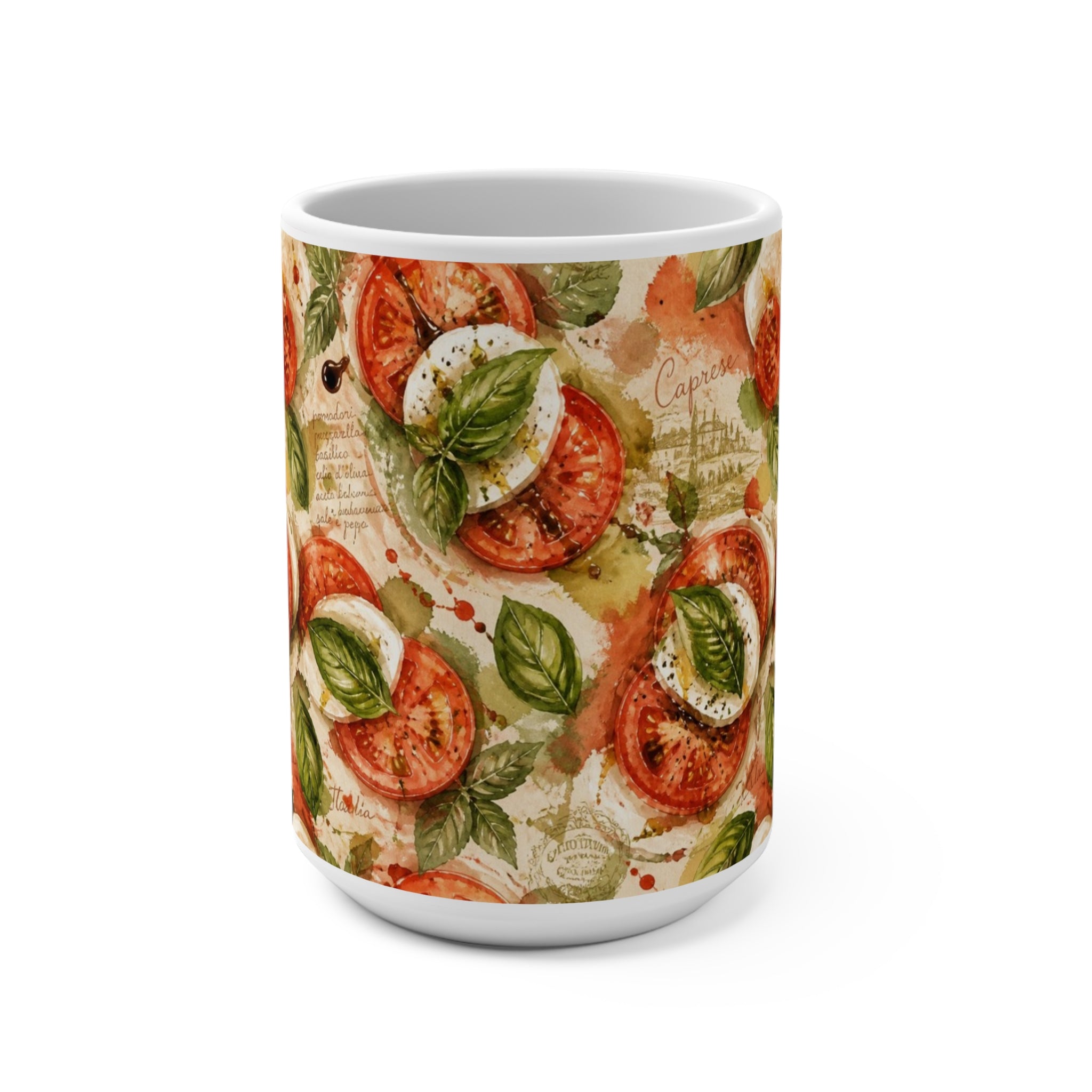 Caprese Arrangement 15oz Ceramic Mug Mediterranean Kitchen Watercolor Splash Design Italian Cottagecore Gift