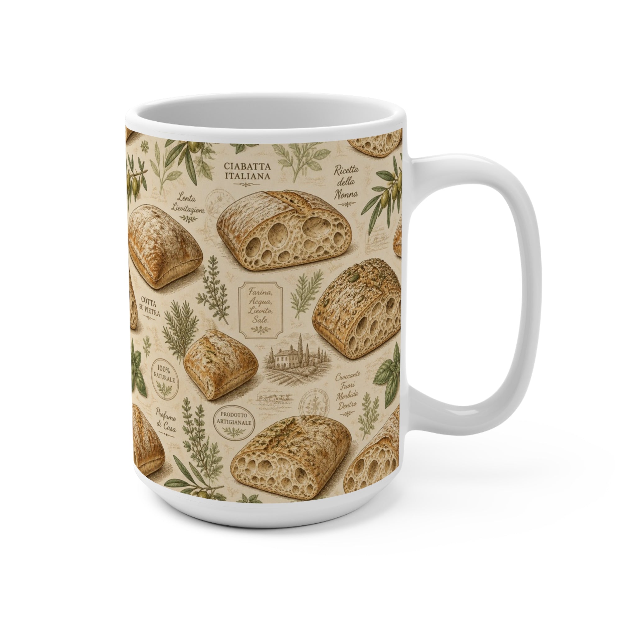 Ciabatta Rolls 15oz Ceramic Mug Mediterranean Kitchen Botanical Design Italian Cottagecore Gift