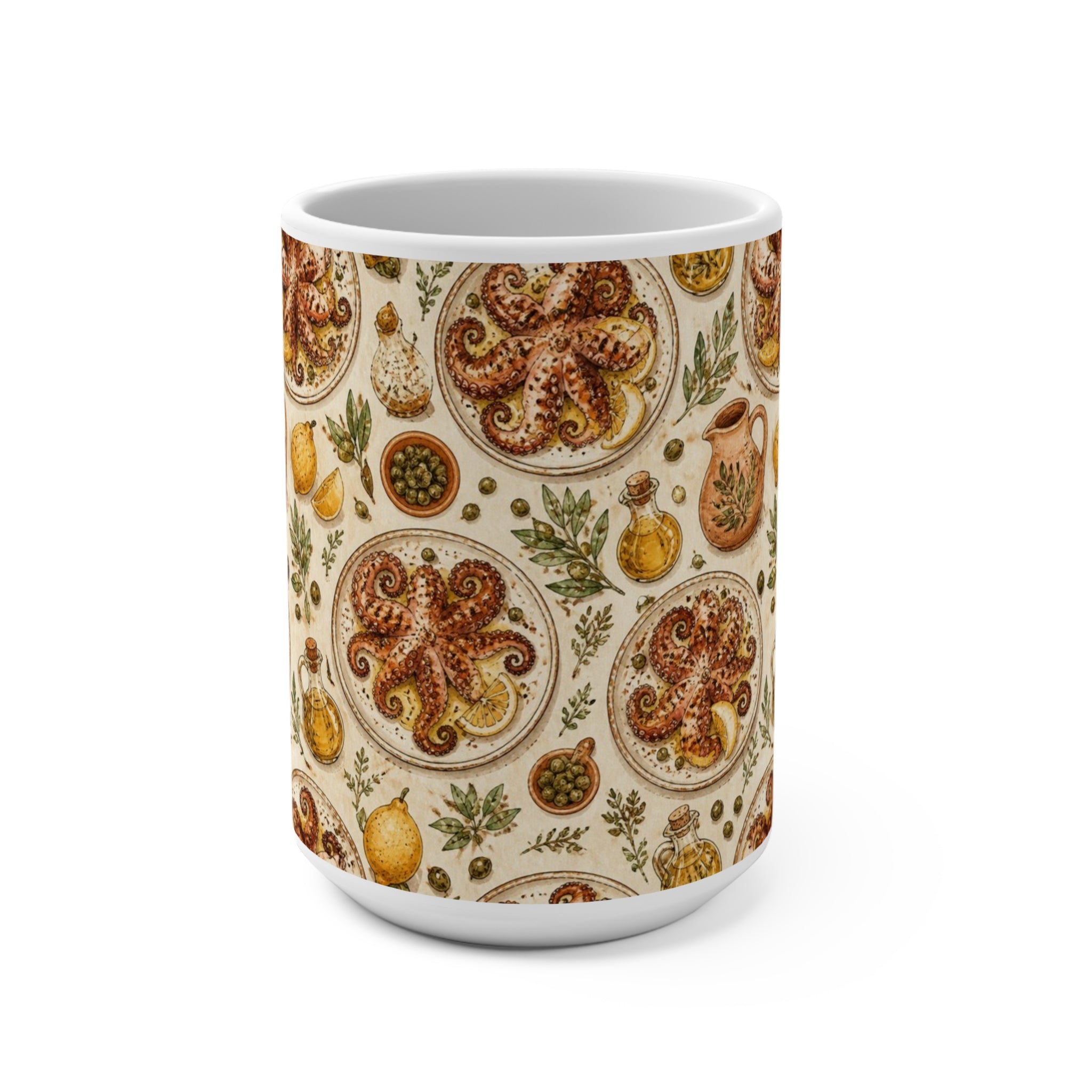 Grilled Octopus 15oz Ceramic Mug Mediterranean Kitchen Watercolor Design Italian Cottagecore Gift