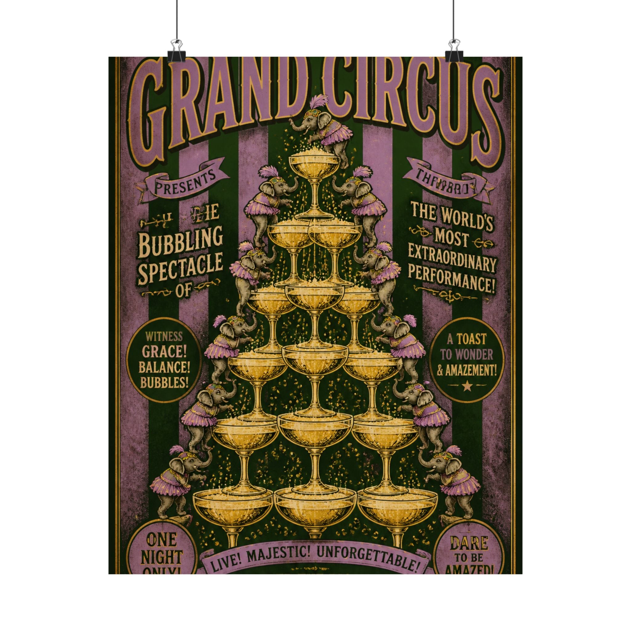 Champagne Tower Elephants Wall Art Poster 18×24 Vintage Circus Kitchen Decor Maximalist Print