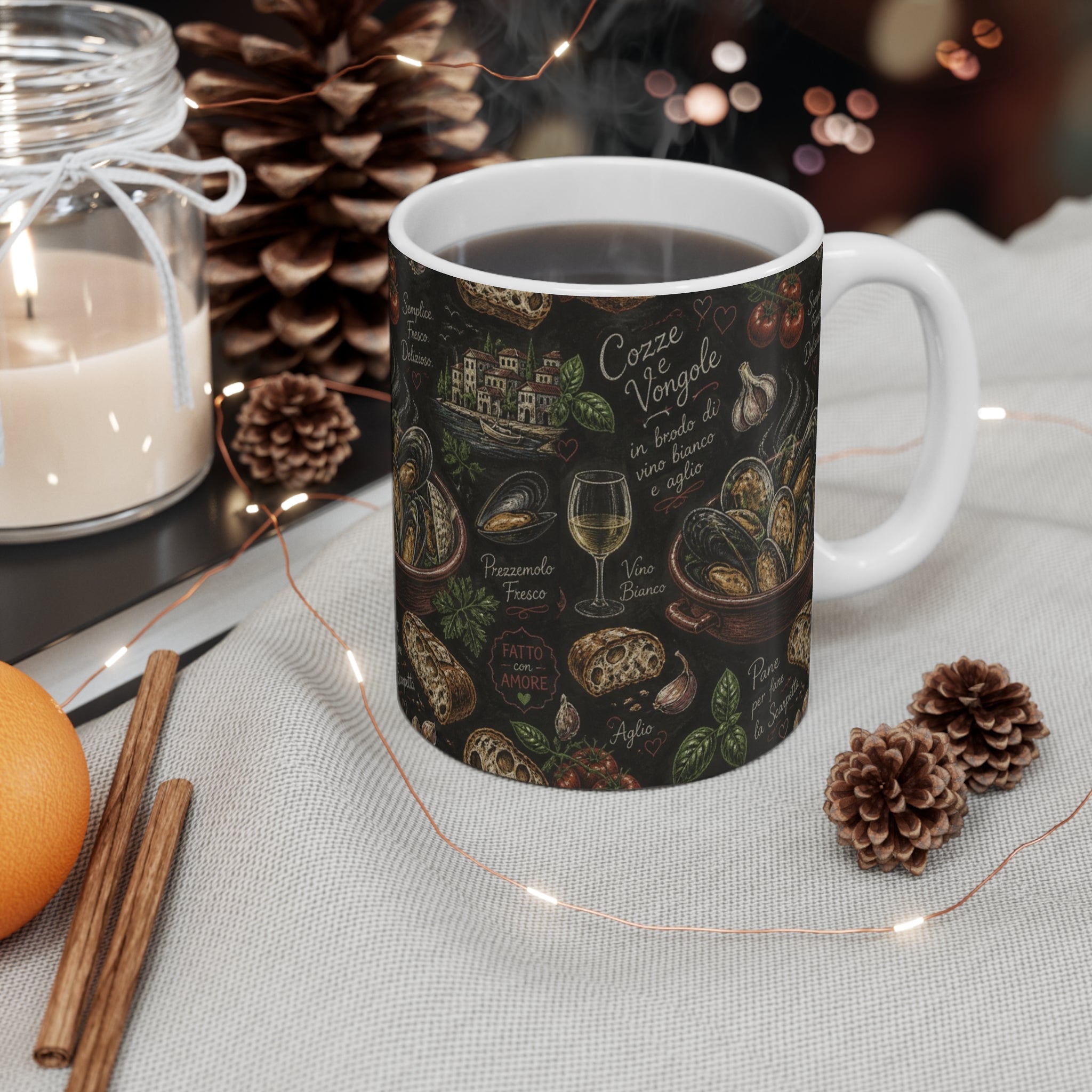 Mussels & Clams 11oz Ceramic Mug Mediterranean Kitchen Chalk Art Design Italian Cottagecore Gift