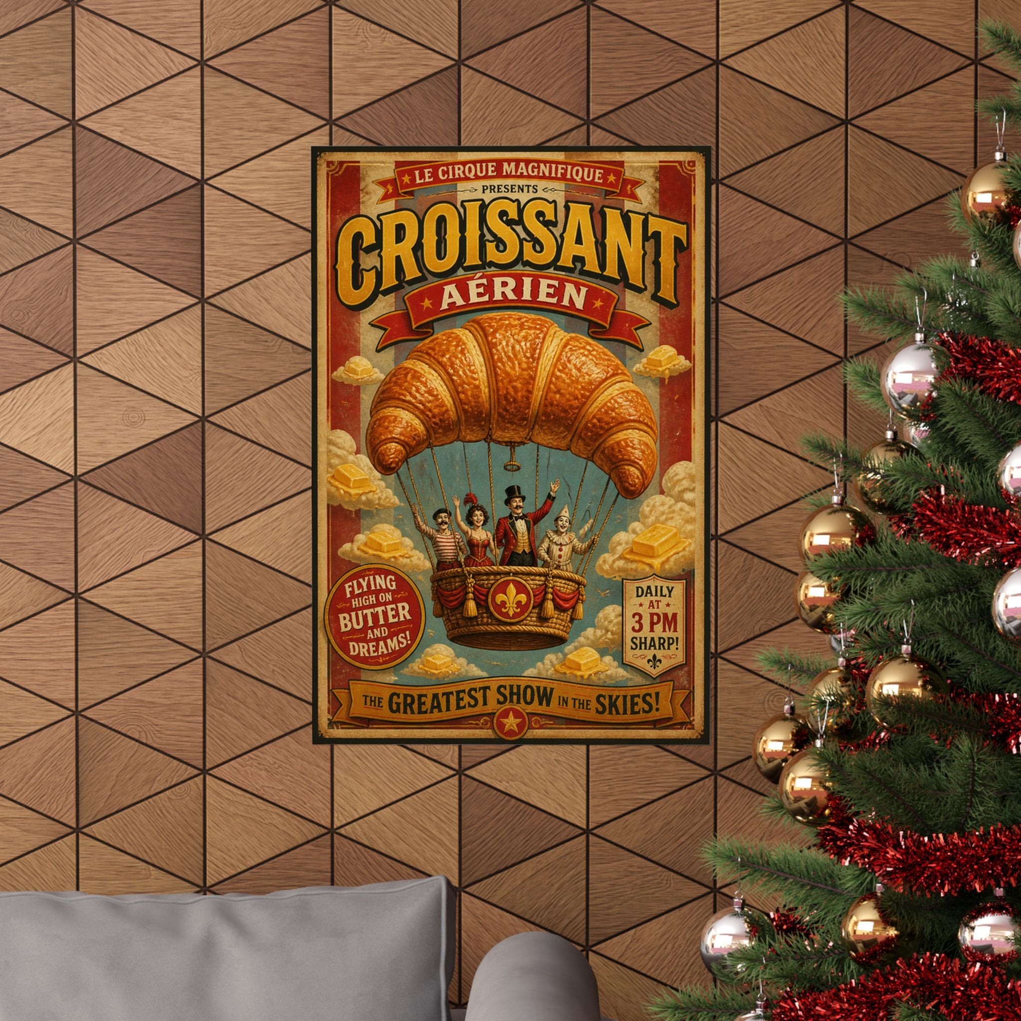 Croissant Hot Air Balloon Wall Art Poster 18×24 Vintage Circus Kitchen Decor Maximalist Print