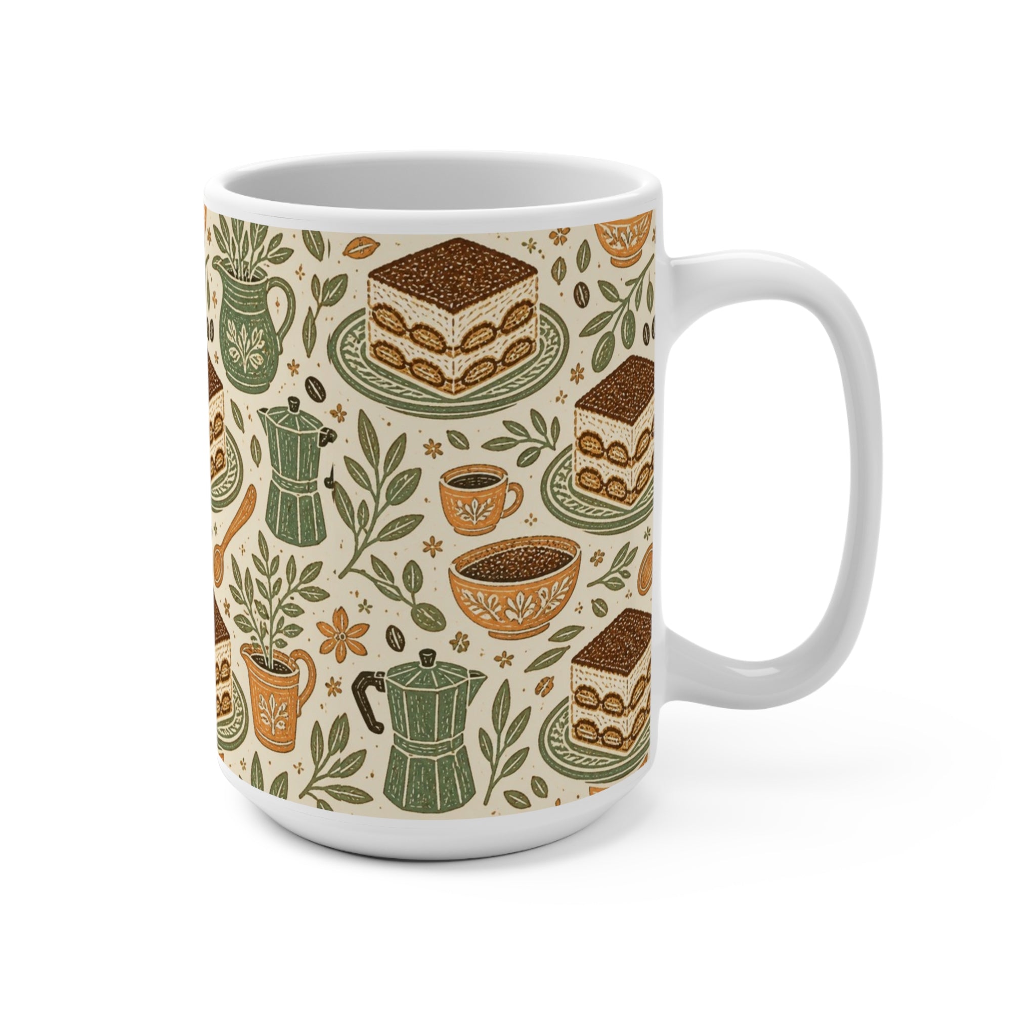 Tiramisu Layers 15oz Ceramic Mug Mediterranean Kitchen Linocut Design Italian Cottagecore Gift