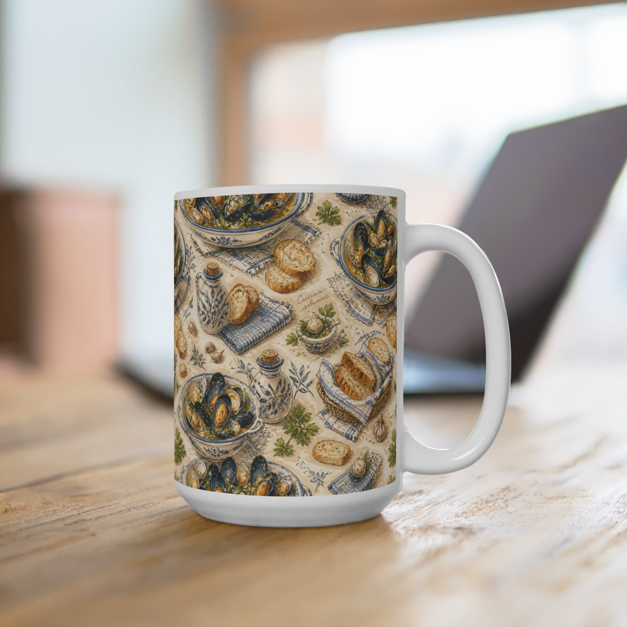 Mussels & Clams 15oz Ceramic Mug Mediterranean Kitchen Watercolor Design Italian Cottagecore Gift