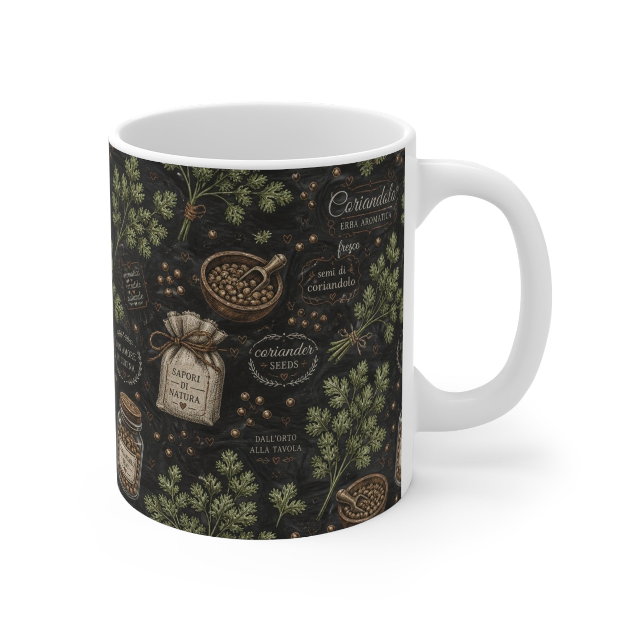 Coriander & Seeds 11oz Ceramic Mug Mediterranean Kitchen Chalk Art Design Italian Cottagecore Gift