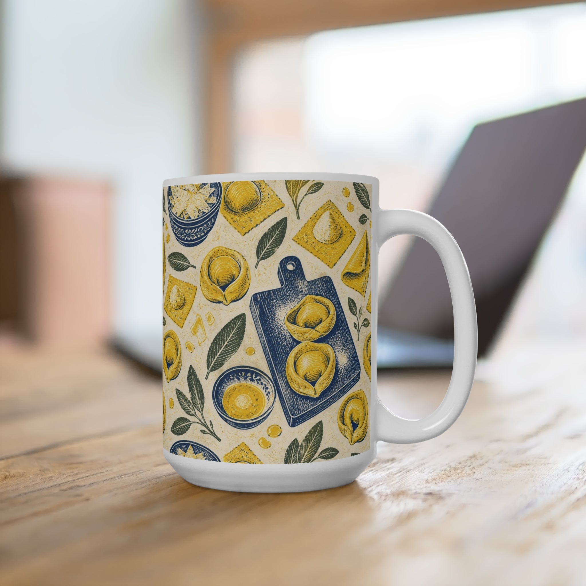 Tortellini with Sage 15oz Ceramic Mug Mediterranean Kitchen Linocut Design Italian Cottagecore Gift