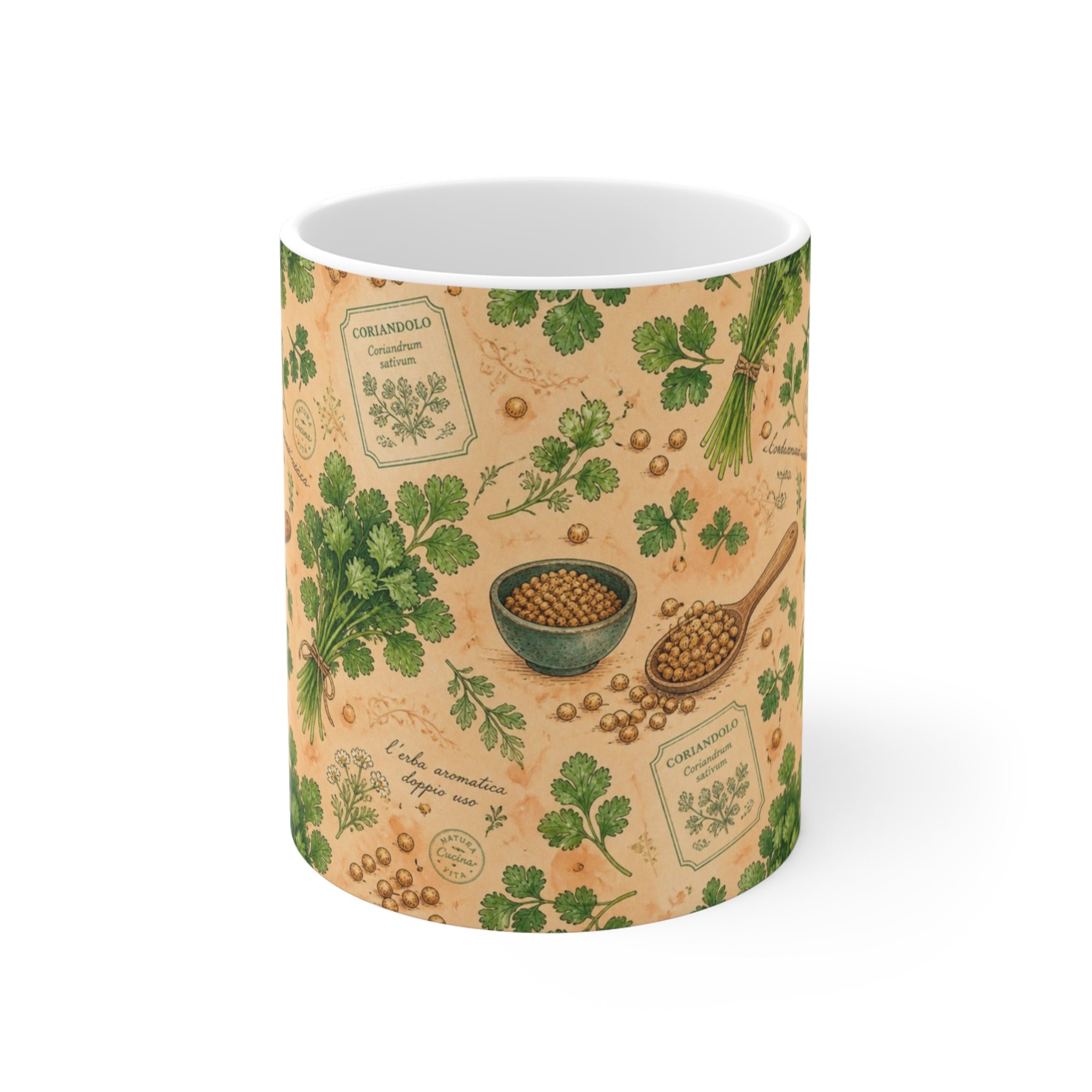 Coriander & Seeds 11oz Ceramic Mug Mediterranean Kitchen Watercolor Design Italian Cottagecore Gift