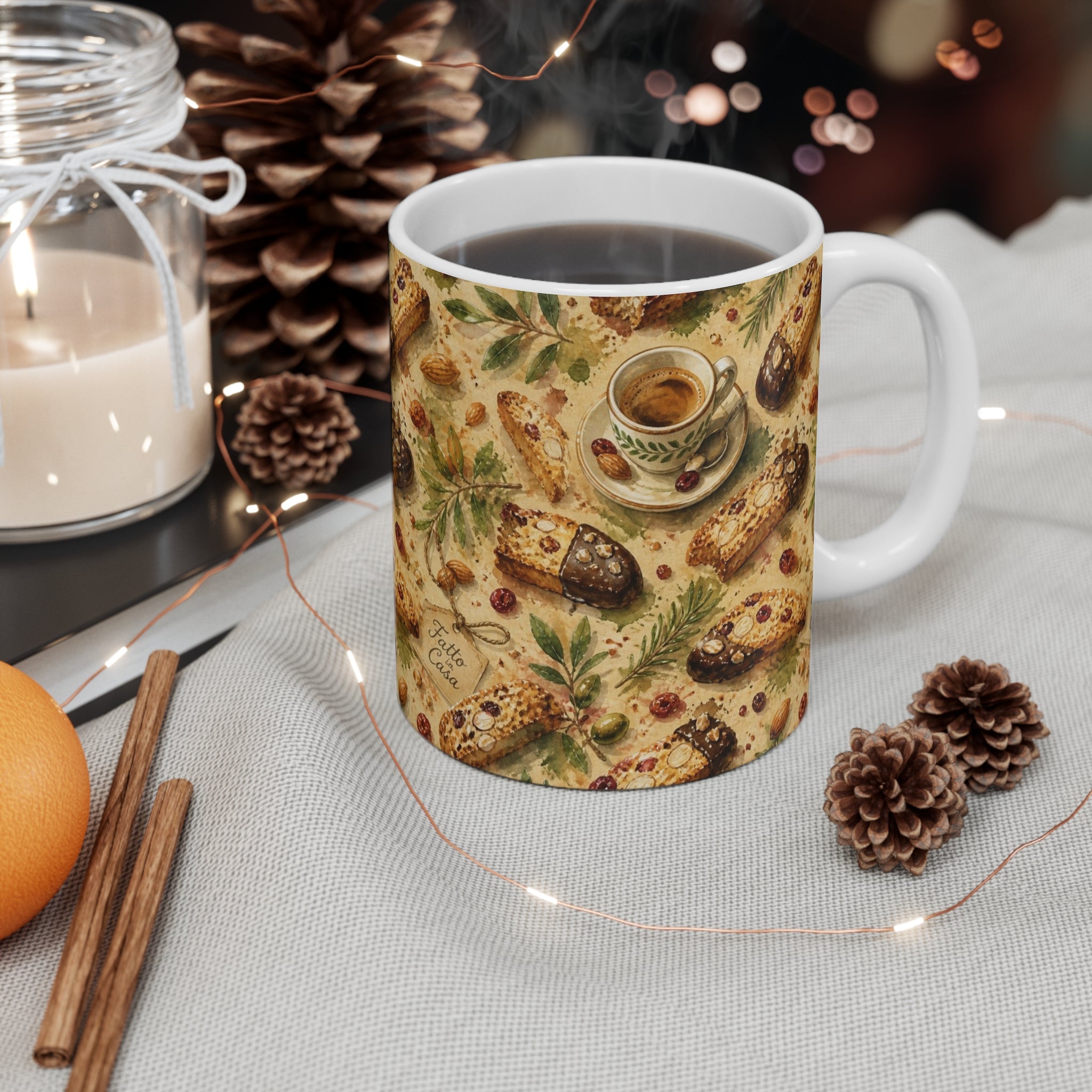 Almond Biscotti 11oz Ceramic Mug Mediterranean Kitchen Watercolor Splash Design Italian Cottagecore Gift