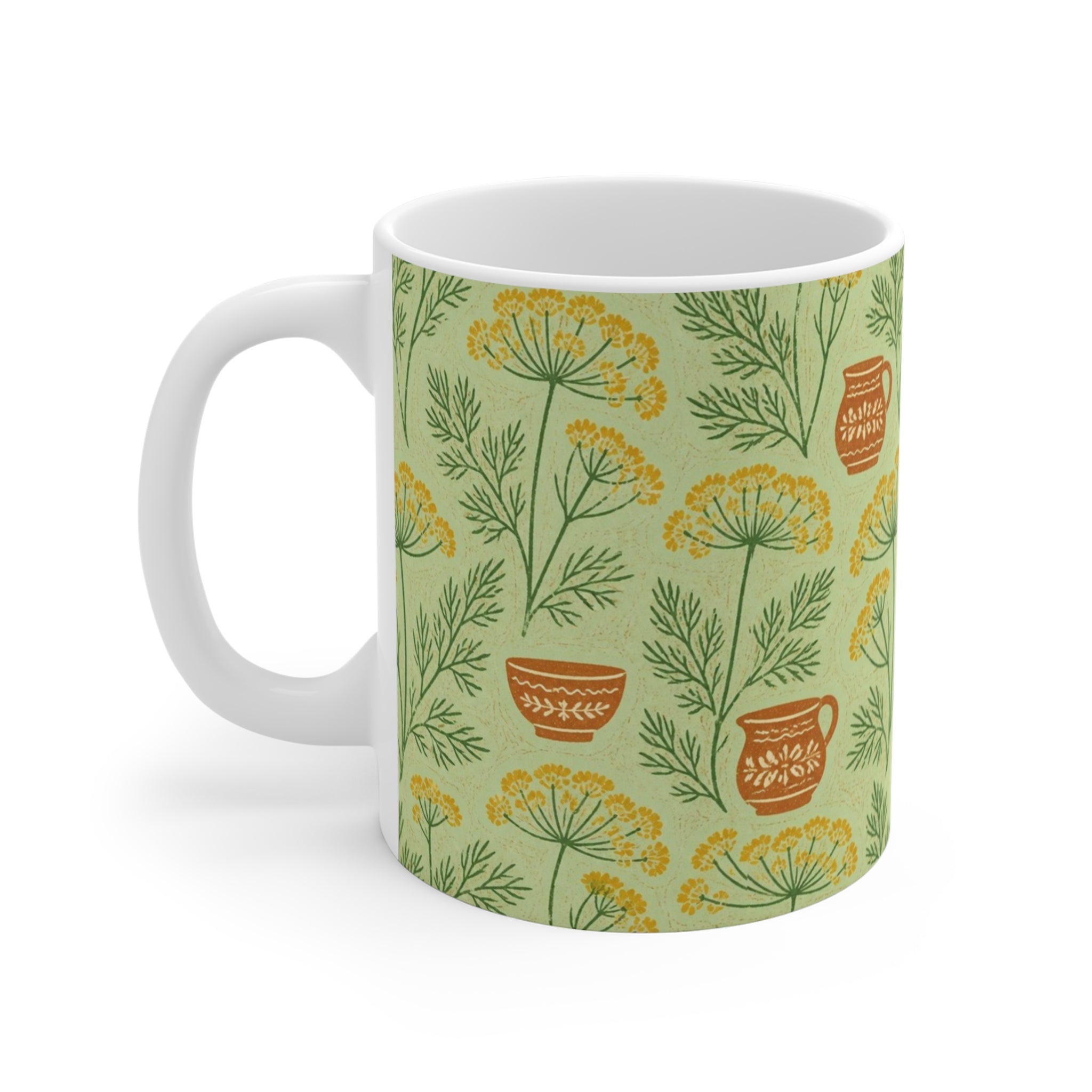 Dill Fronds 11oz Ceramic Mug Mediterranean Kitchen Linocut Design Italian Cottagecore Gift