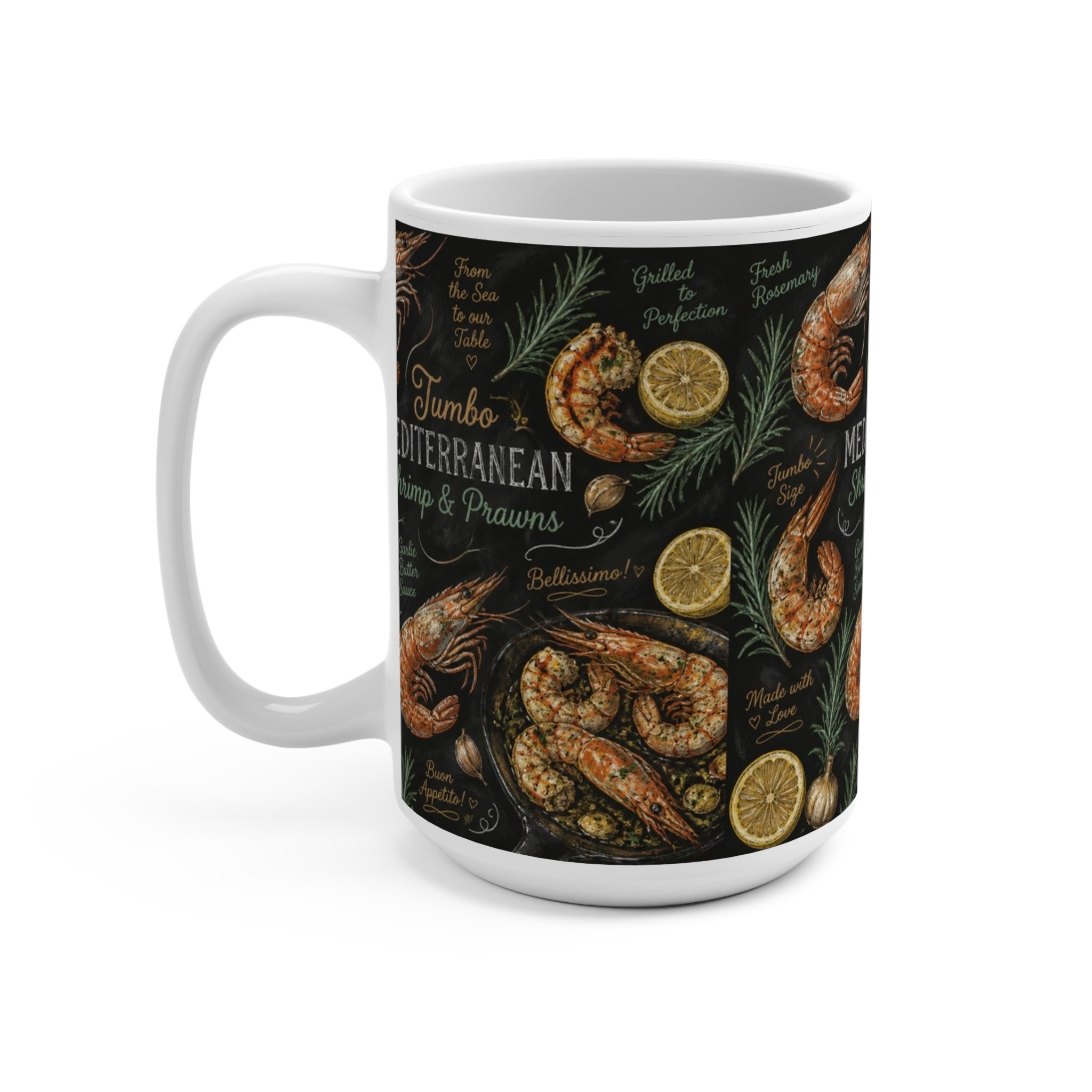 Mediterranean Shrimp 15oz Ceramic Mug Mediterranean Kitchen Chalk Art Design Italian Cottagecore Gift