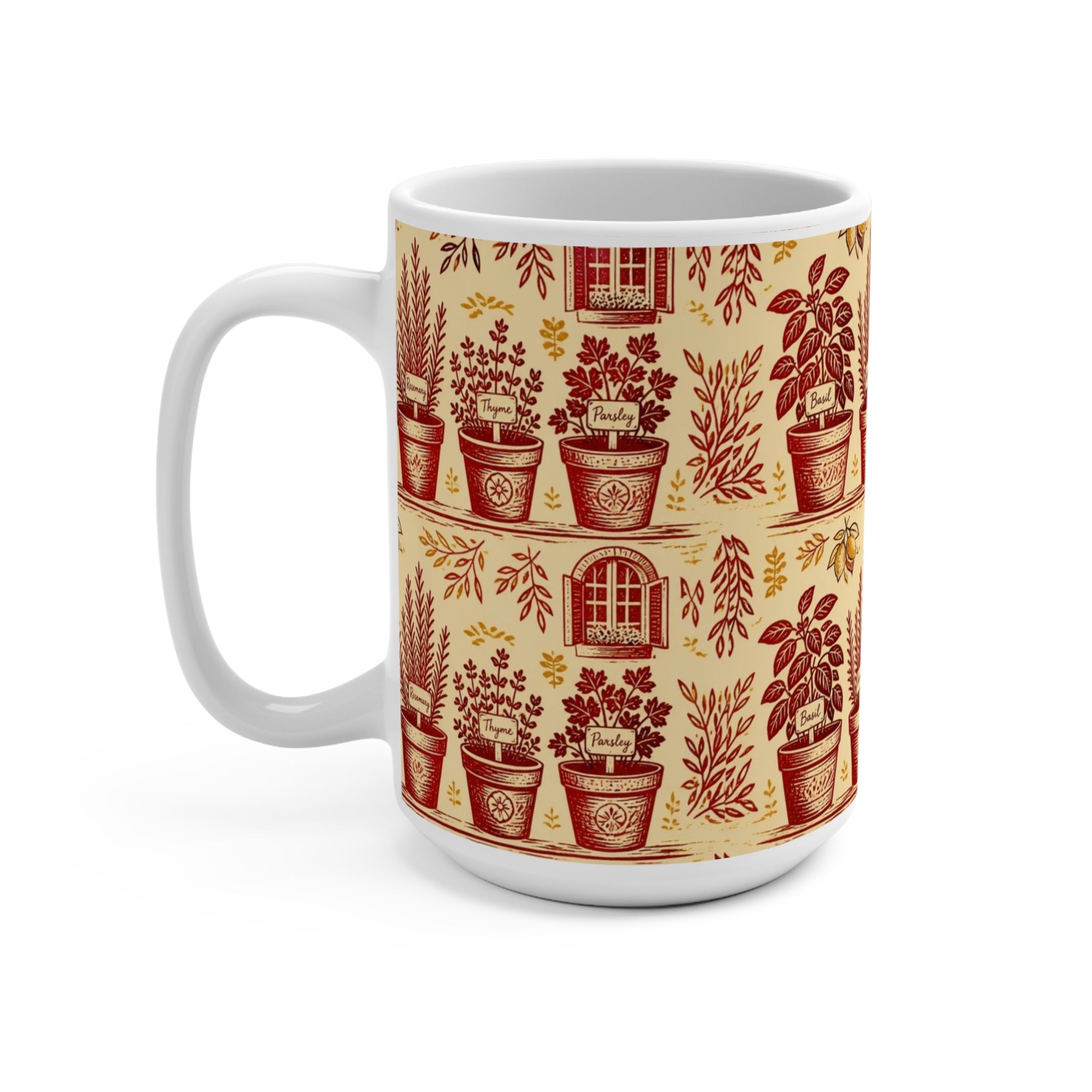 Terracotta Herb Pots 15oz Ceramic Mug Mediterranean Kitchen Linocut Design Italian Cottagecore Gift