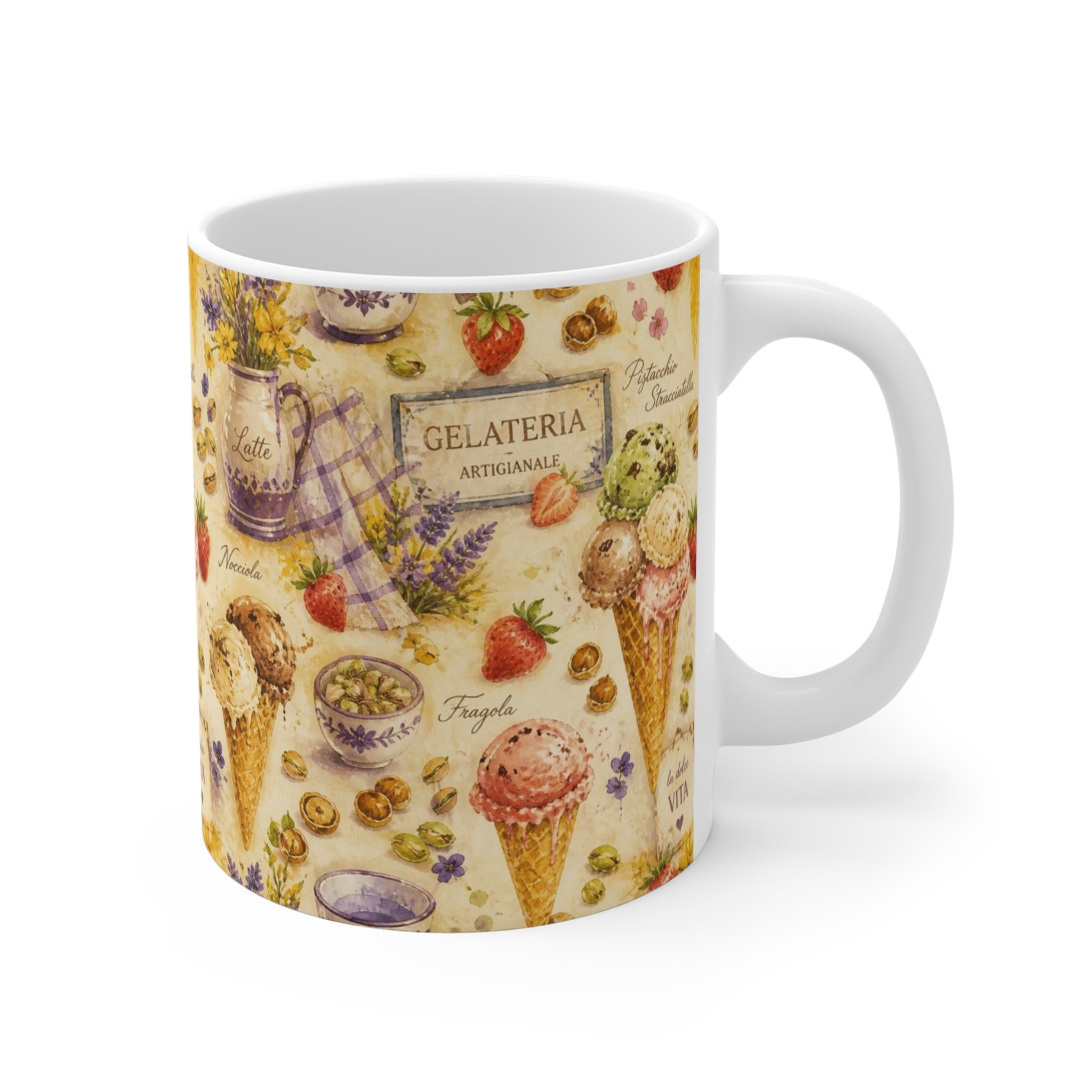 Gelato Scoops 11oz Ceramic Mug Mediterranean Kitchen Watercolor Splash Design Italian Cottagecore Gift