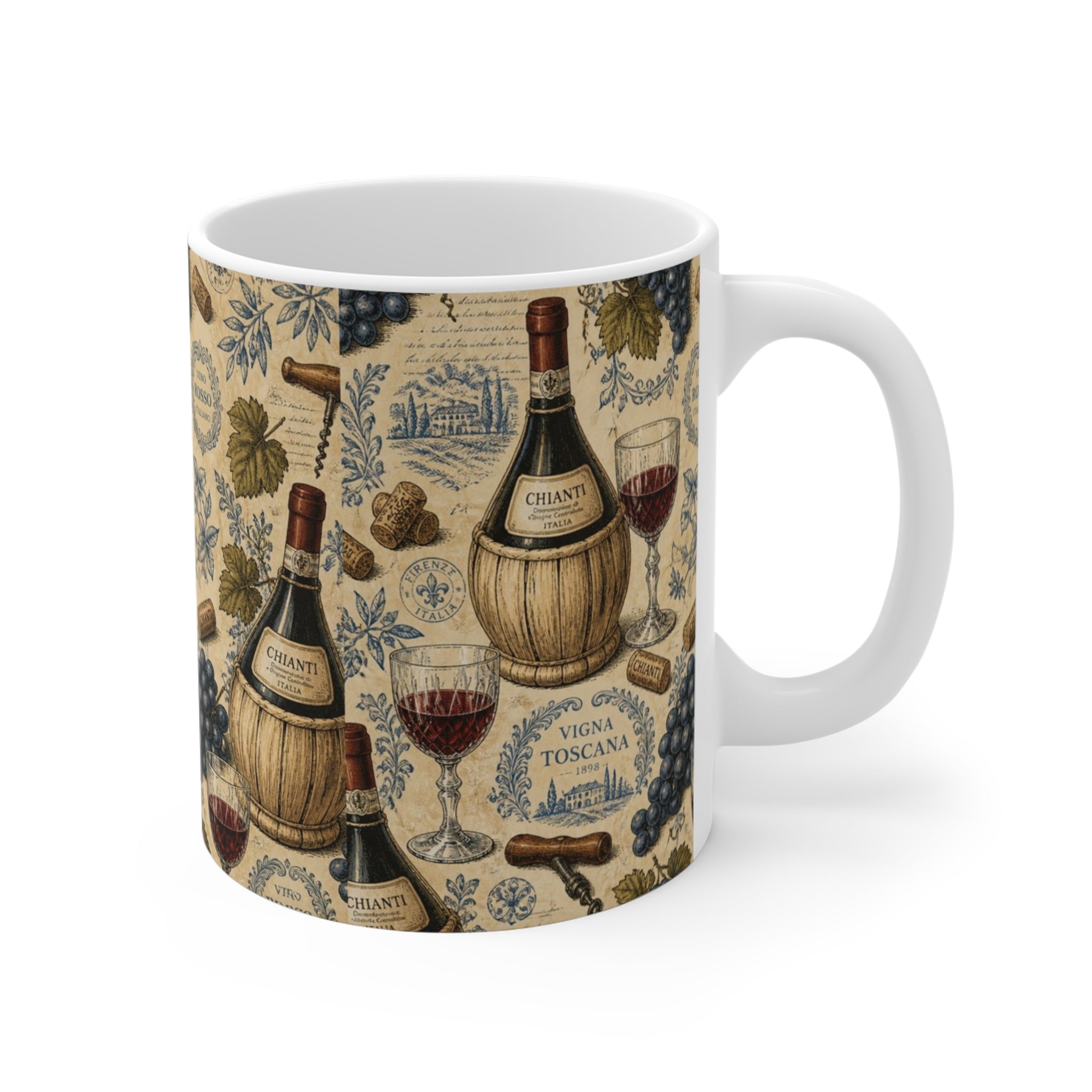 Wine Bottles & Glasses 11oz Ceramic Mug Mediterranean Kitchen Botanical Design Italian Cottagecore Gift