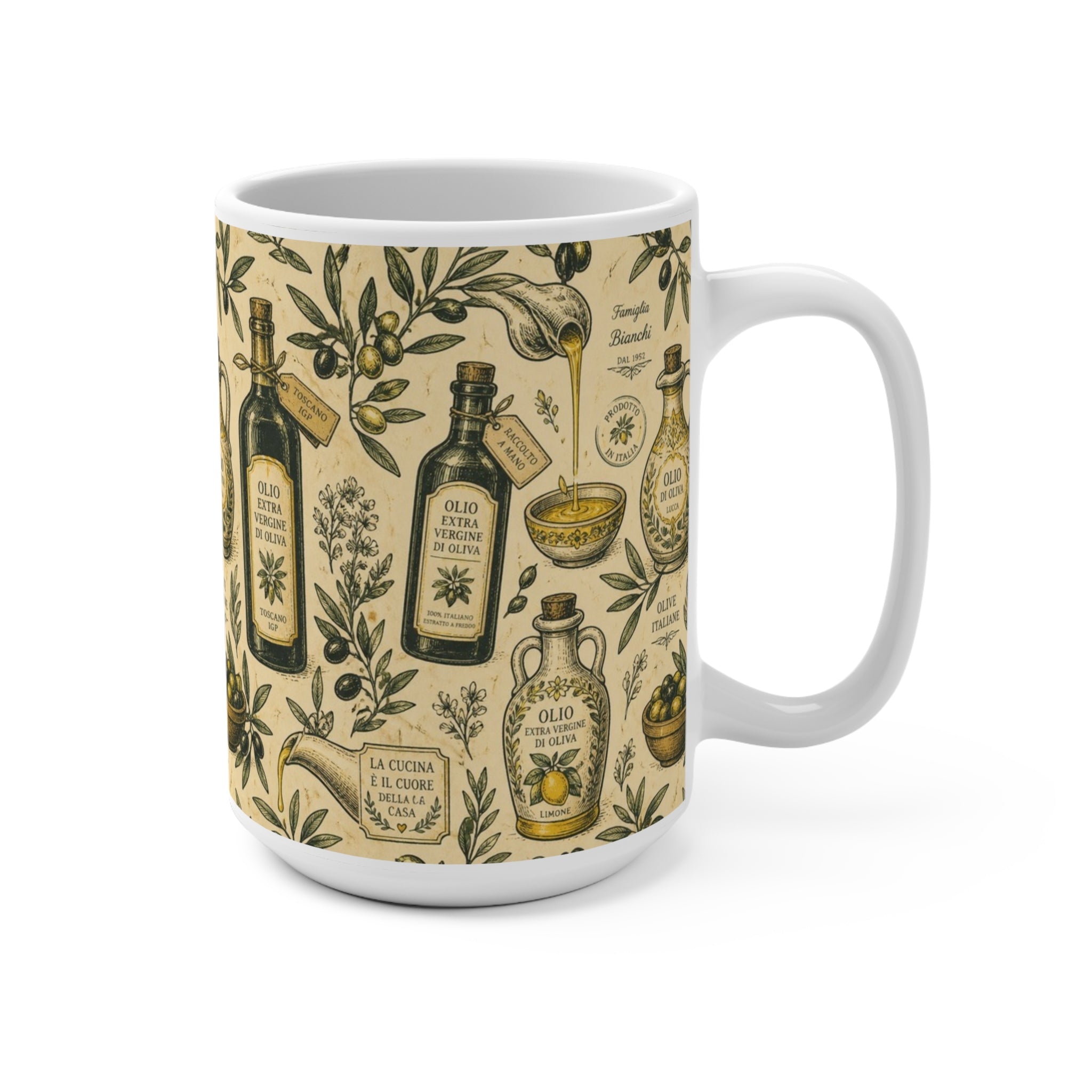 Olive Oil Bottles 15oz Ceramic Mug Mediterranean Kitchen Botanical Design Italian Cottagecore Gift
