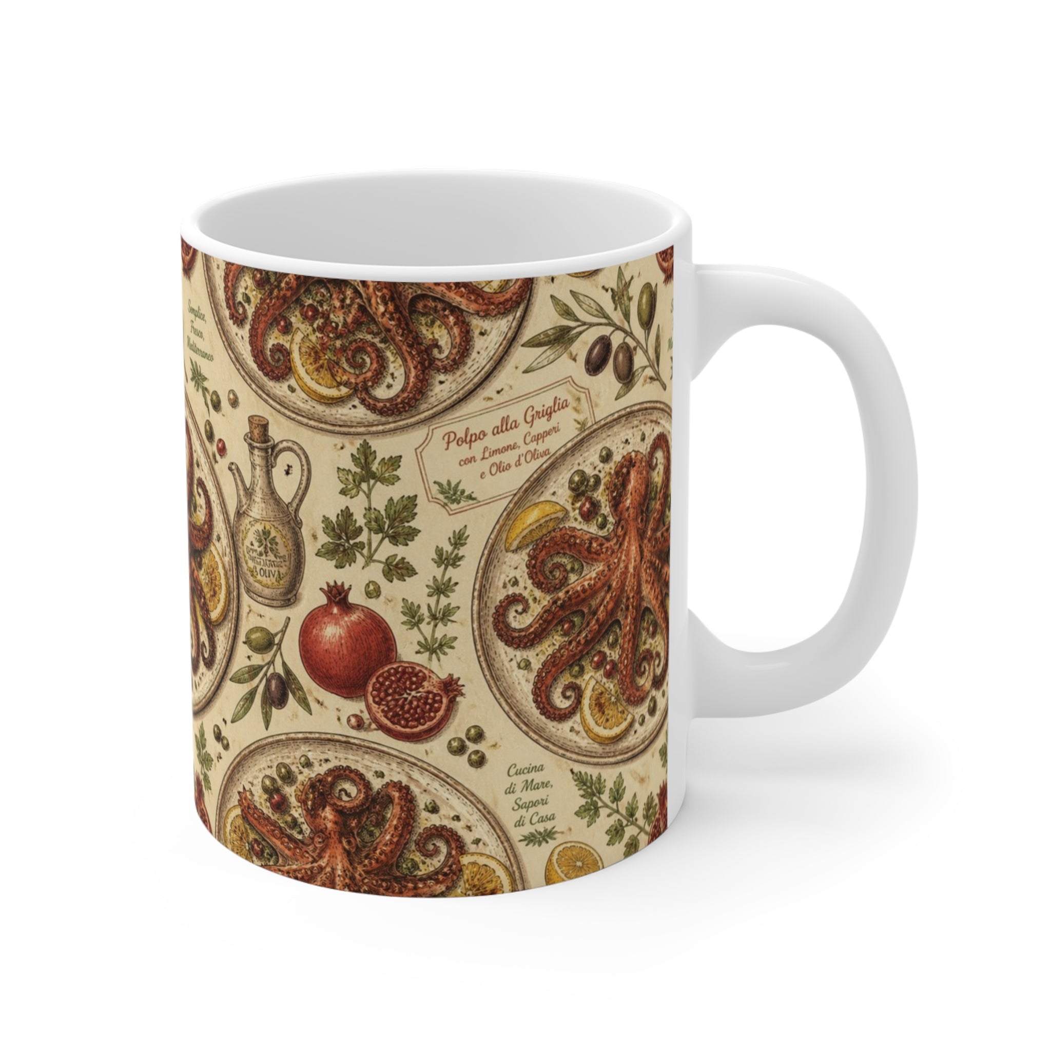 Grilled Octopus 11oz Ceramic Mug Mediterranean Kitchen Botanical Design Italian Cottagecore Gift