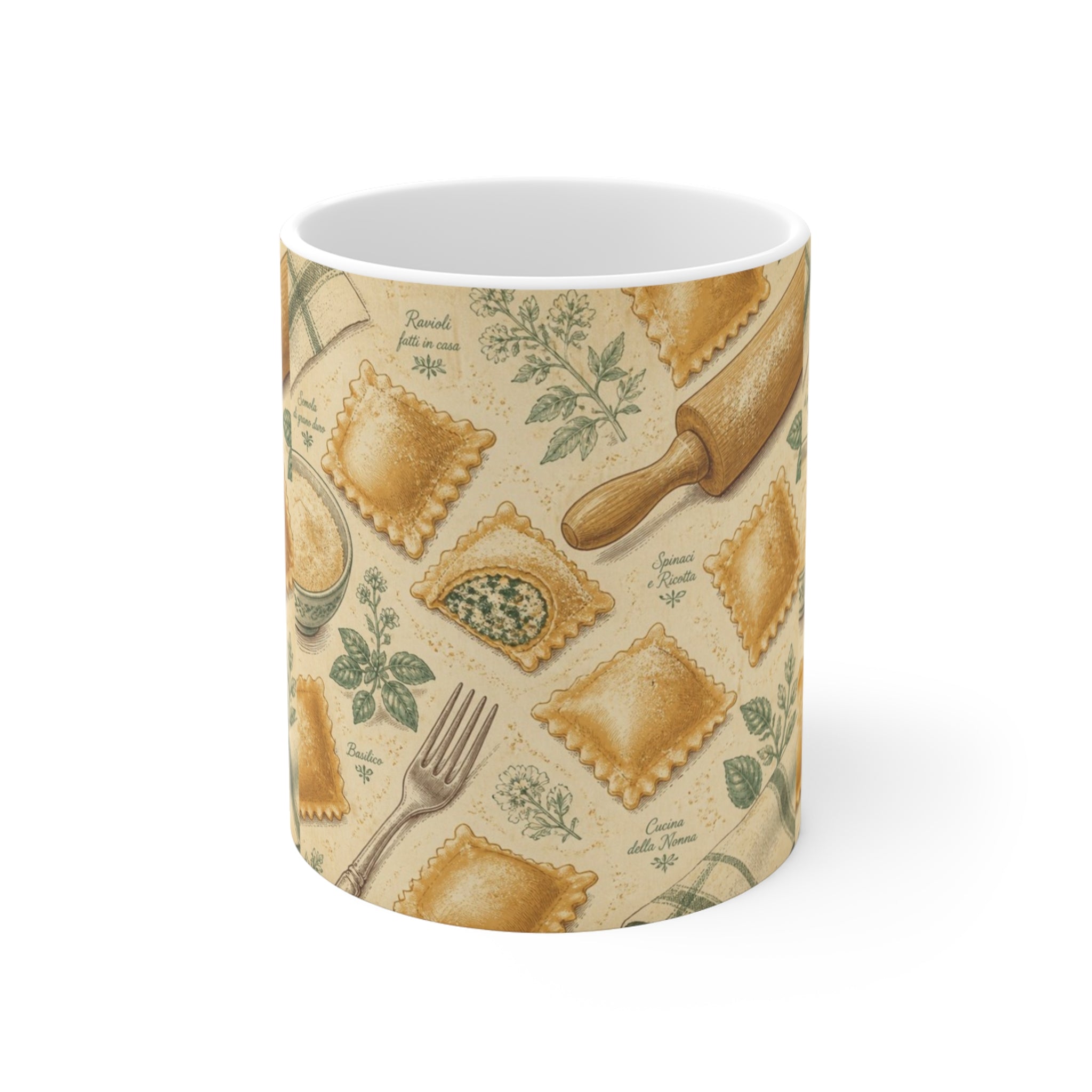 Fresh Ravioli 11oz Ceramic Mug Mediterranean Kitchen Botanical Design Italian Cottagecore Gift